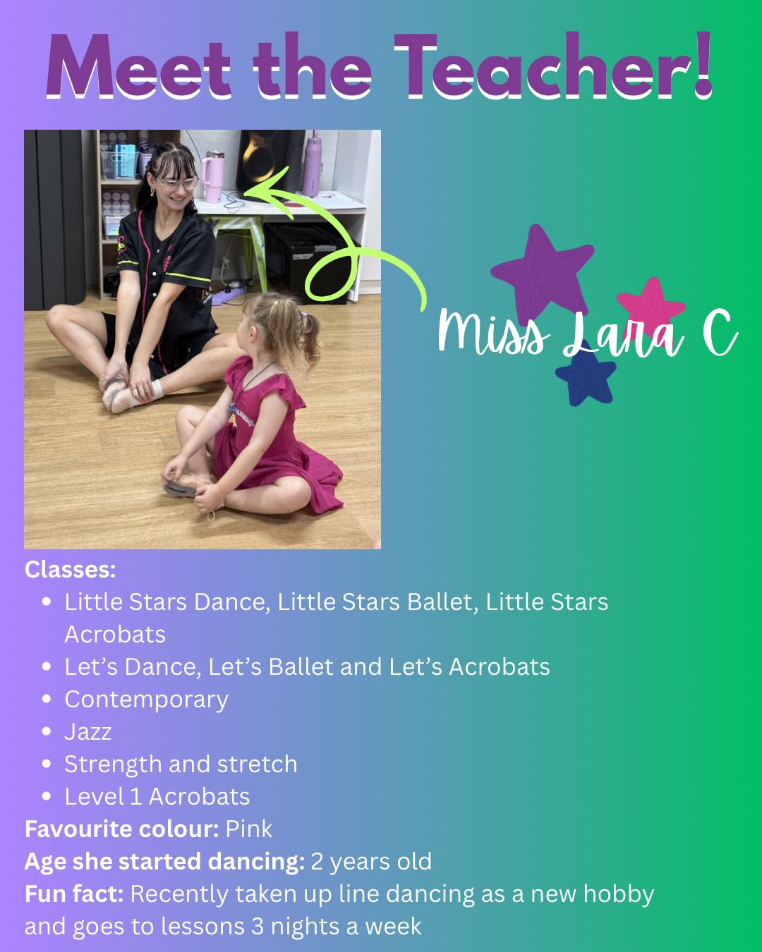Welcome to our new series… ✨ Meet the Teacher! ✨
Where we introduce you to the amazing teachers we have here at the studio!
Starting us off strong is our beautiful
💫MISS LARA C 💫
Miss Lara teaches Little Stars, Jazz, Contemporary, Acro and more! She started dancing at just 2 years old, and now shares that same love of dance with our students every week.
Fun Fact: When she’s not at the studio, you might find Miss Lara line dancing 🤠💃
Make sure to say hi to Miss Lara when you see her around the studio! 👋✨
#kidsdanceclasses #udp #perthdance #como #universaldanceandperformance #dancefamily #southperth #danceteacher #meettheteacher
