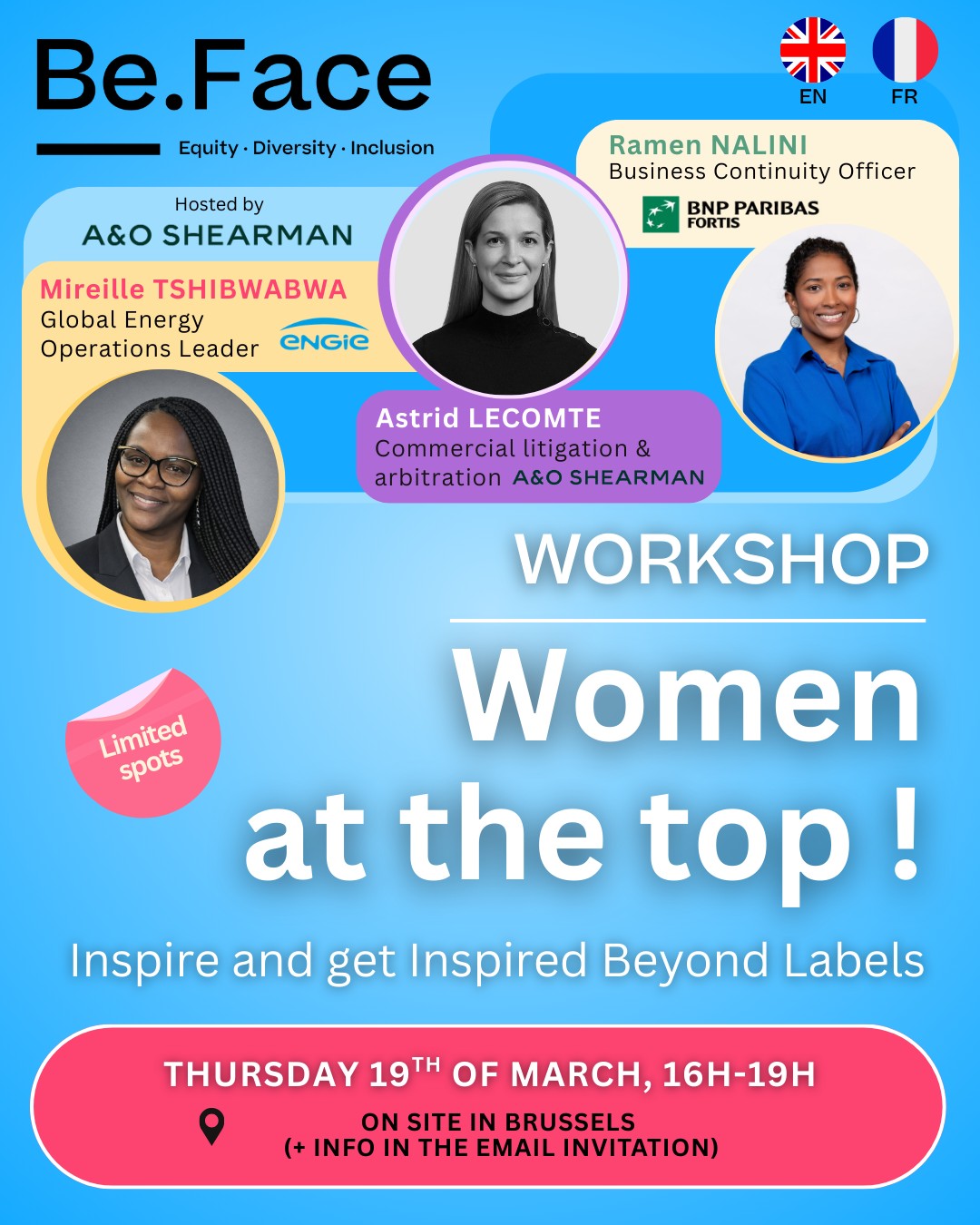 ✨ Workshop: Women at the Top !
Inspire and Get Inspired Beyond Labels: Stories of Success Beyond Stereotypes with @aoshearman_be
🔥 Celebrate the power of women who rise, redefine the rules, and lead with purpose. Join us for an inspiring moment and a space to fuel your ambition, spark new perspectives and step forward with confidence.
📅 Thursday, March 19 🕓 4:00 PM — 7:00 PM
📩 Practical details + registration link will be shared by email.
Stay tuned — The best is yet to come 👀