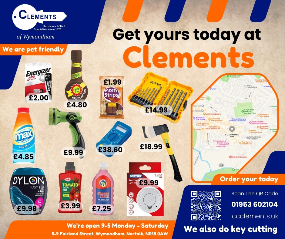 Did you know that stock over 5000 different product lines? 🤔
Stay tuned for more like this. If you haven't signed up already, we also put special offers out, so don't miss out. go to our website, subscribe and wait for yours to come through.
#clementsandsons #localbusiness #ironmongery #Norfolk #clickandcollect #convenient #clickandcollectservice #localcommunity #clements #visitwymondham