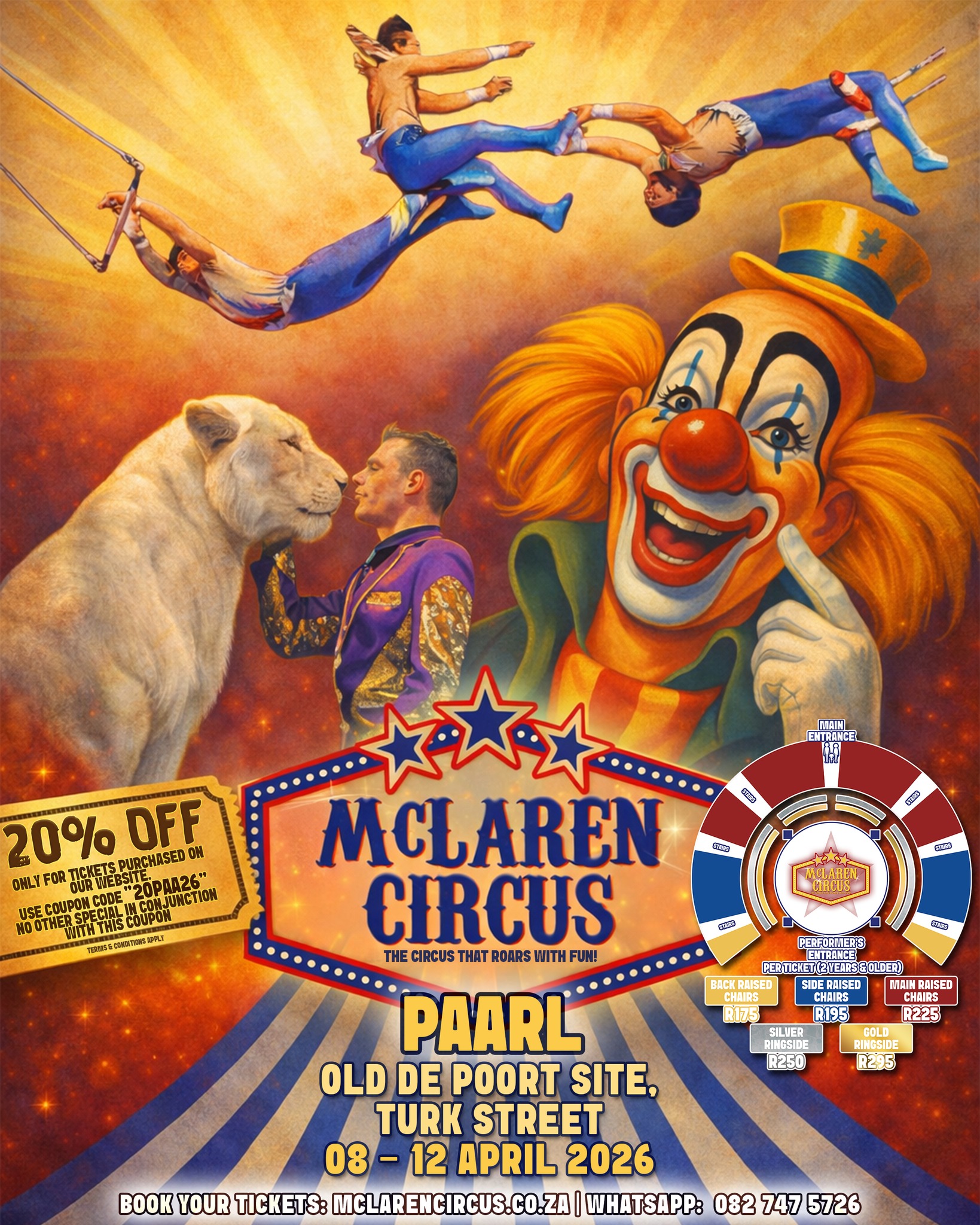 🎉 Special Online Ticket Offer!
🎪 Enjoy 20% OFF your tickets to our spectacular circus show in #PAARL when you book online today!
🎟️ Use coupon code: 20PAA26
💻 Book now: www.mclarencircus.co.za
Join us under the Big Top for an unforgettable night of excitement, thrills, and classic circus magic.
