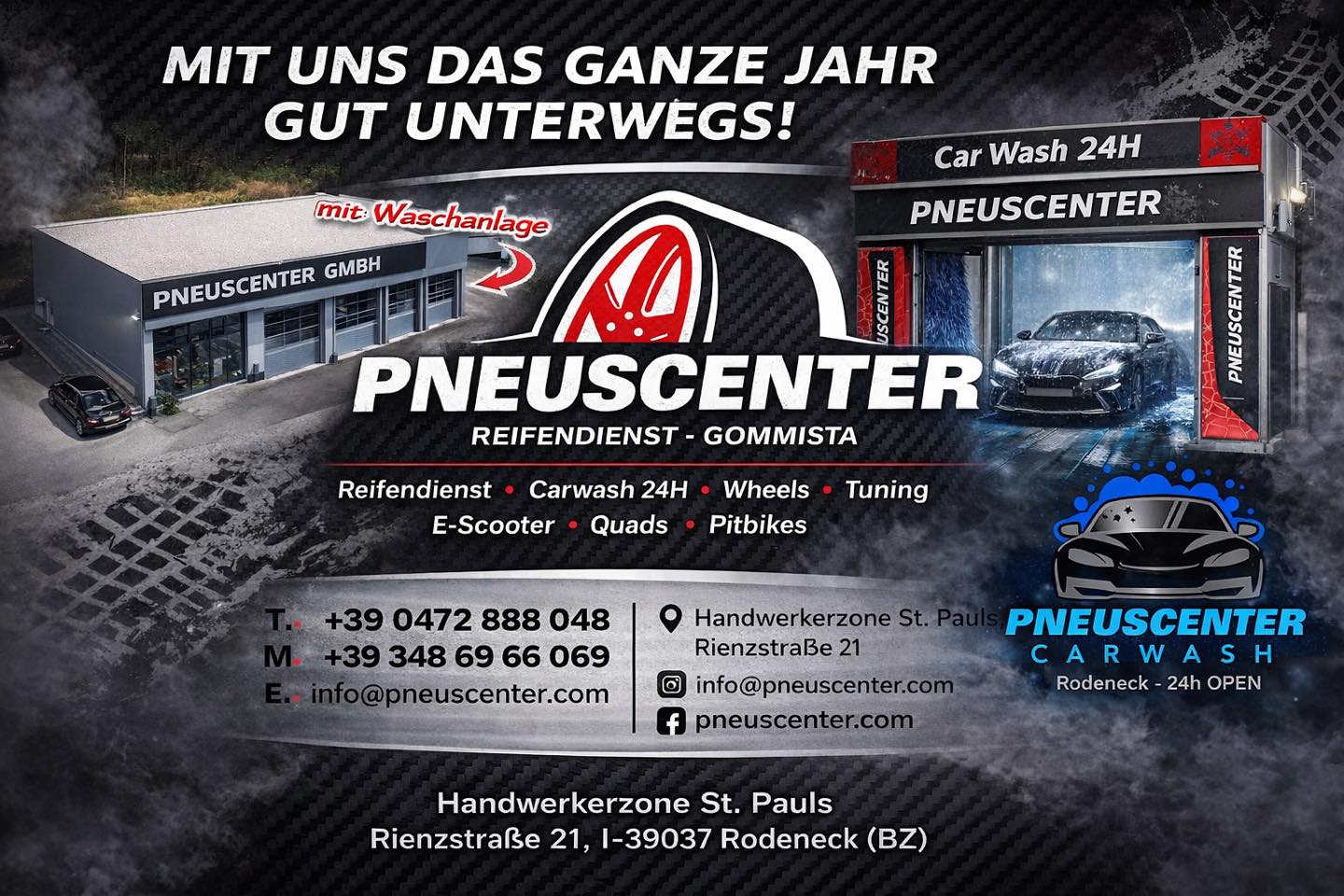 unsere Angebote….
🏁High Performance Reifen
🏁Alufelgen
🏁Felgenzulassung
🏁Waschanlage
🏁Innenreinigung
🏁Chiptuning
🏁Keramikversiegelung
🏁Achsvermessung
🏁 Fahrwerk Tuning
🏁Thor Soundbooster
🏁 Collaudo
🔌Talaria Sting
infos + Termin unter:
📧 info@pneuscenter.com
📲3486966069 ☎️0472888048
www.pneuscenter.com
➡️jetzt Neu in Rodeneck Handwerkerzone Rienzstraße 21 👍
der private Reifendienst mit eigener Portal Waschanlage 24H geöffnet
💎💎💎💎💎💎💎
#alufelgen #talaria #carwash #felgenzulassung #rodeneck