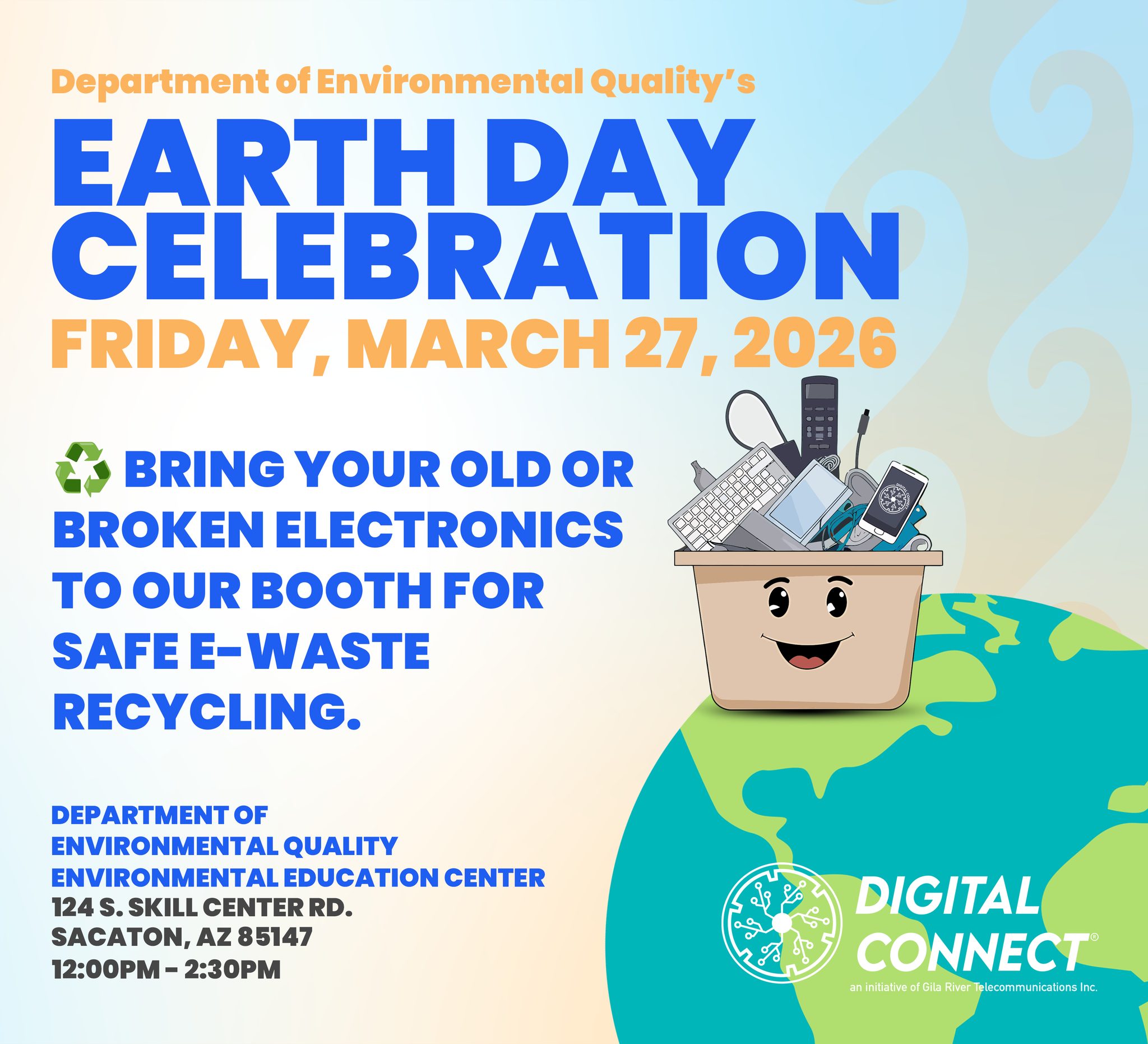 🌎 Hi, everyone! We will be at the DEQ Earth Day event on Friday, March 27 collecting electronic waste (e-waste).
♻️ Bring your old or broken electronics to our booth for safe e‑waste recycling.
💚 See you there!
#DigitalConnect #EWaste #EarthDay #EarthDay2026