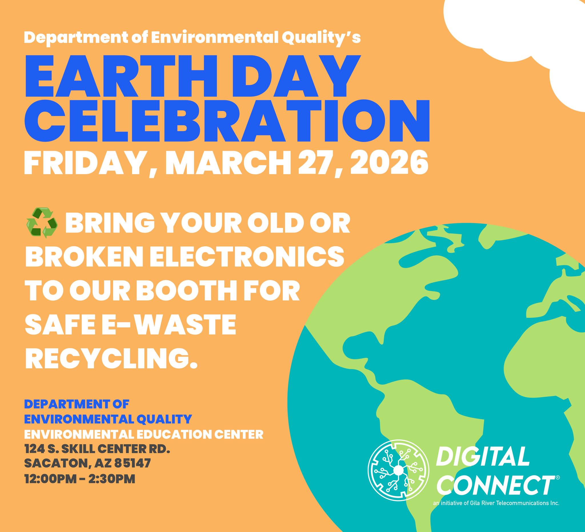 📅 We’re one week away from the DEQ Earth Day event on Friday, March 27! Start gathering your unused, unwanted, or outdated electronics today.
💻 Laptops and Computers
📱 Smartphones and Tablets
☎️ Old phones
🖨️ Printers
🖱️ Computer mouse
⌨️ Keyboards, and more!
🌱♻️ Bring it all to our booth for free, responsible e‑waste recycling!�
🌎💚 Together, we can reduce waste and support a healthier planet.
#DigitalConnect #EWaste #EarthDay #EarthDay2026