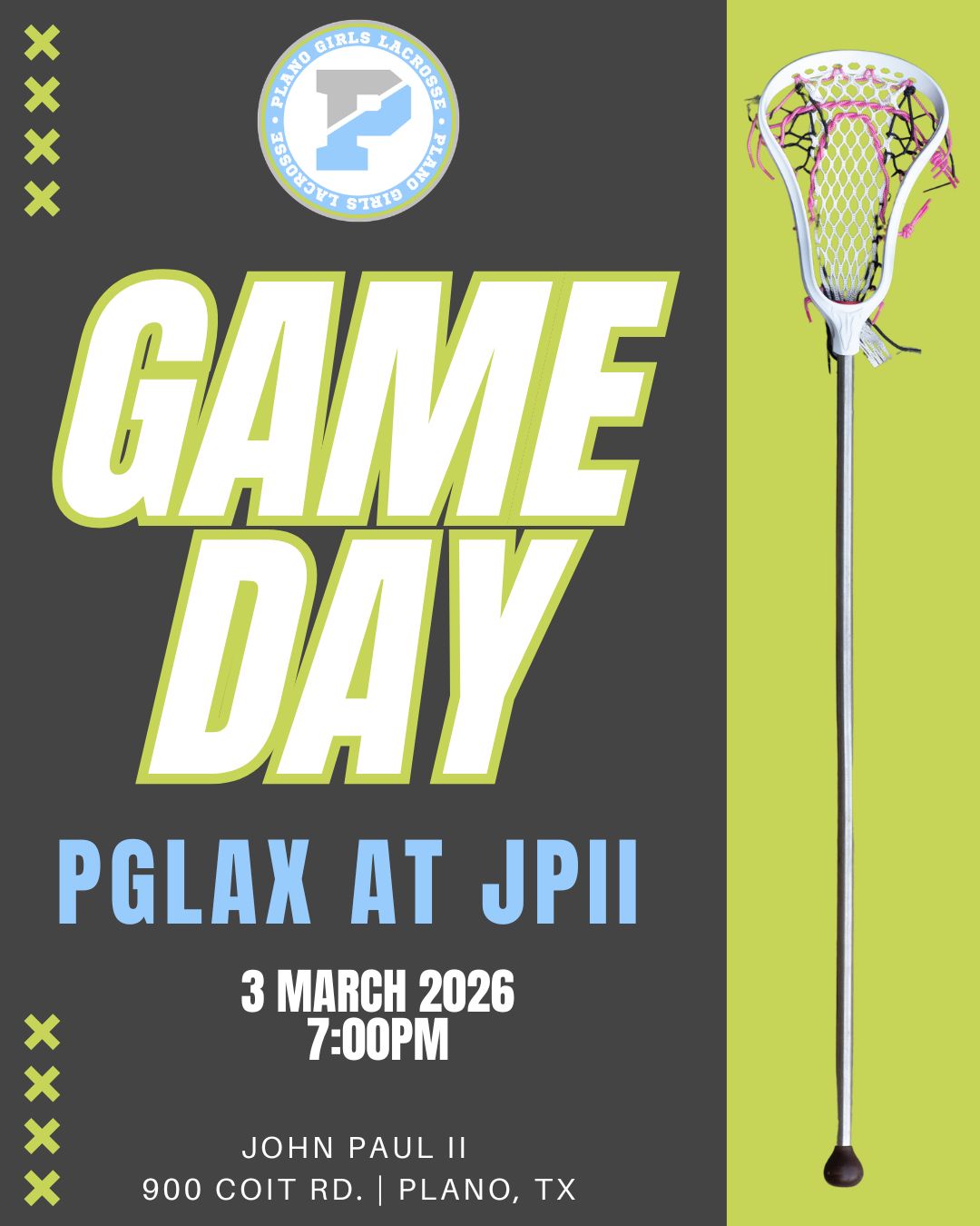 🩵🥍 GAME DAY!🥍🩵
📅 TUESDAY | MAR 3RD
⏰ 7:00 PM
📍 JPII
Let's GO PLANO!🎉
#planogirlslax #laxlife #PGLAX #letsgo #borntohustle