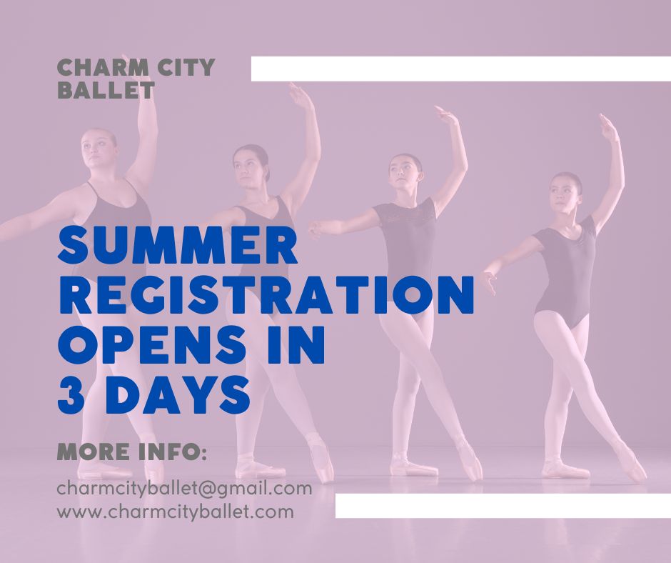 Summer registration opens in 3️⃣ DAYS!
Information can be found here: https://www.charmcityballet.com/summer
.
.
.
.
.
#charmcityballet #ccb #dance #ballet #danceschool #balletschool #dancestudio #dancecompany #danceacademy #dancetraining #baltimore #baltimorecounty #baltimoredance #baltimorecountydancestudio #maryland #marylanddance #danceeducation #performingarts #balletcompany #performancecompany #registernow #enrollnow #dancecommunity #summerdance #summercamp #dancecamp #balletcamp #summer