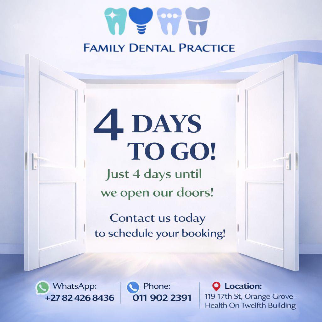 🦷✨ Only 4 days to go! ✨🦷
The wait is almost over! Family Dental Practice opens in just 4 days, and we’re excited to welcome you and your family.
Get in touch today to secure your booking and be among the first to visit our new practice.
💬 WhatsApp: +27 82 426 8436
☎️ Phone: 011 902 2391
📍 Linksfield – Health On Twelfth Building
📍 Verwoerd Park – Main Practice