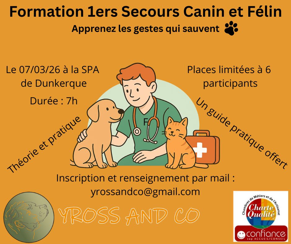 🐾 RAPPEL FORMATION 🐾
Il reste quelques places pour notre formation aux premiers secours canin et félin !
Apprenez à réagir efficacement en cas d'urgence et devenez le premier maillon de la chaîne de survie pour votre compagnon 🐶🐱.
📅 Date : 07/03/2026
🕘 Heure : 8h30
💰 Tarif : 100€
📍 Lieu : SPA de Dunkerque
✅ Reconnaître les situations d'urgence
✅ Premiers gestes qui sauvent
✅ Mise en sécurité de l'animal blessé
✅ Et bien plus encore !
🔔 N'attendez pas qu'il soit trop tard pour apprendre les bons gestes !
📩 Inscription par message privé, mail
À très vite pour une journée riche en apprentissage et en bienveillance