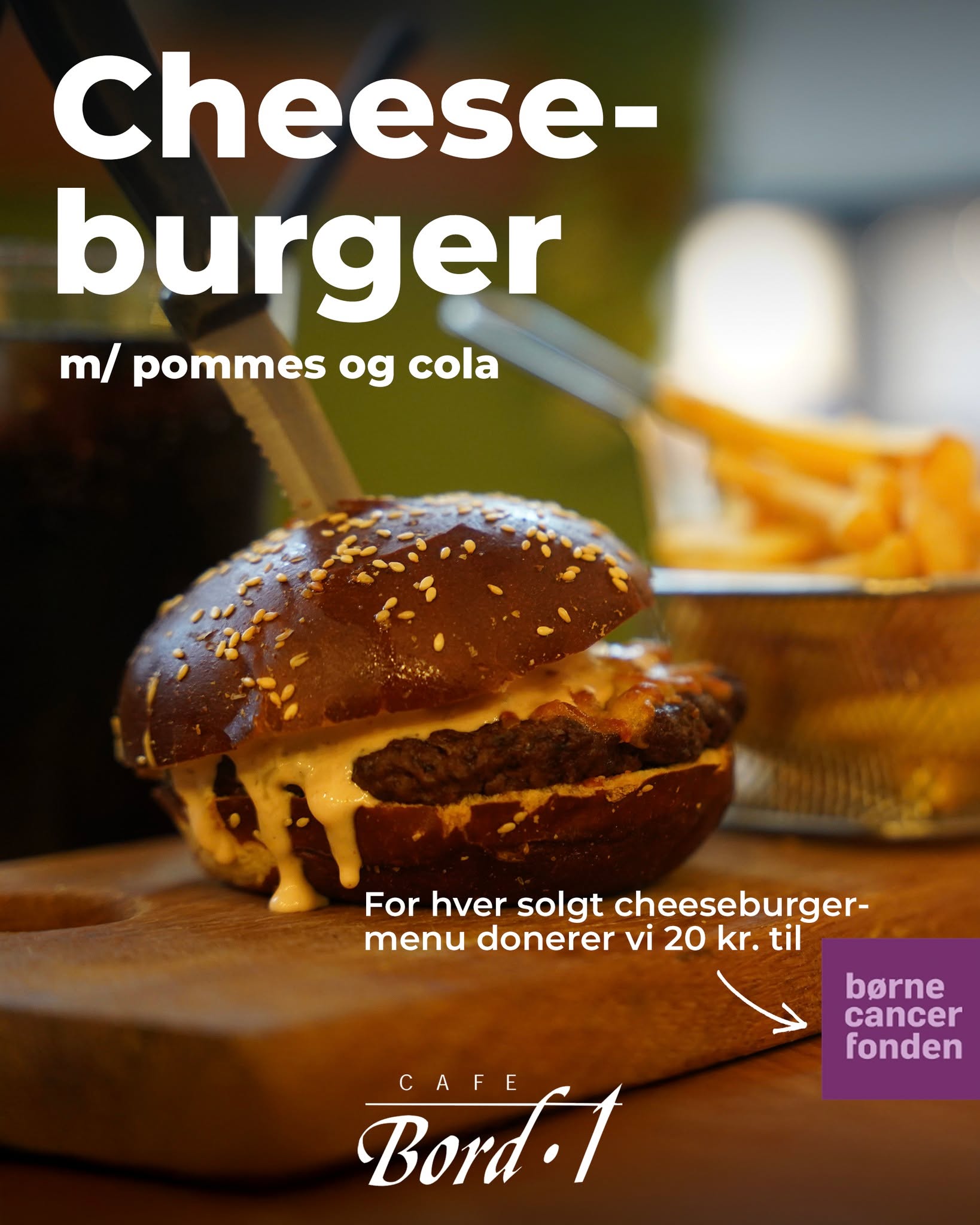 I forbindelse med #fodboldtrøjefredag har vi lavet en lækker cheeseburger-menu med pommes og en 1/2 L. cola til KUN 110 kr.
🗣️ For hver solgt cheeseburger-menu i denne uge, donerer vi 20 kr. til Børnecancerfonden 💜
Vi håber på at se rigtig mange af jer i denne uge, så vi sammen kan støtte op omkring et vigtigt formål.
Tilbuddet gælder fra mandag d. 2. marts til og med på fredag d. 6. marts.
#børnecancerfonden #fodbold #vigtigtformål #cafebord1