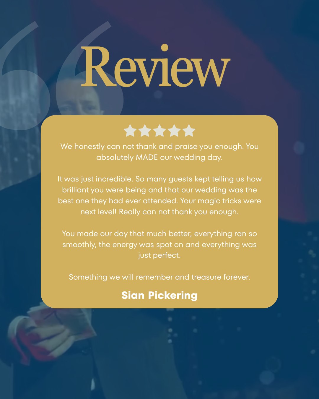 This is what I aim to create at every wedding - not just entertainment, but an experience that makes YOUR day perfect and gives your guests a wedding they'll never forget.
Thank you, Sian, for these incredibly kind words and for trusting me to be part of your special day. Creating memories you'll treasure forever is the greatest compliment I could receive 🎩💫
Ready to make YOUR wedding unforgettable? Let's chat 💬