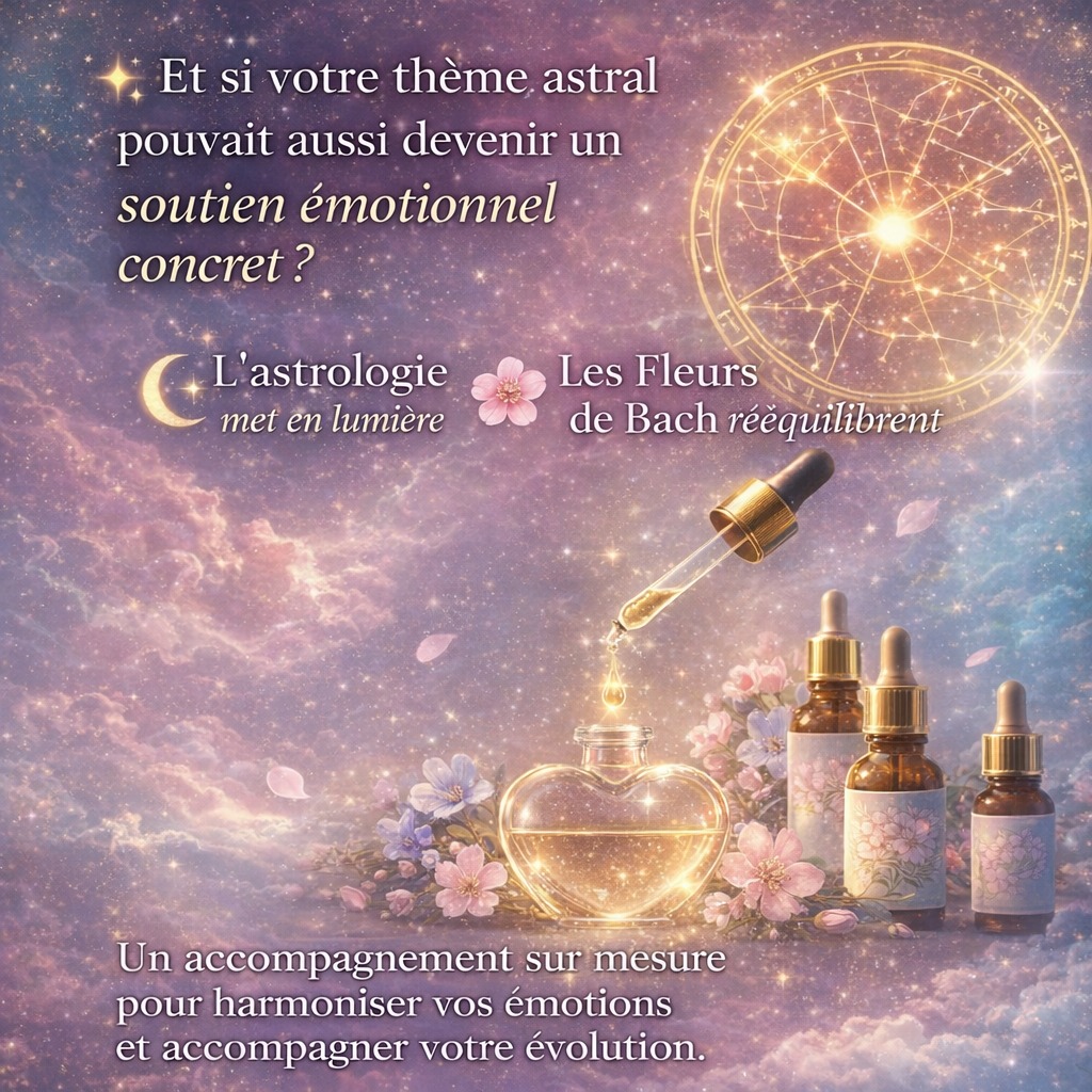 Belle Âme,
✨ Astrologie & Fleurs de Bach : une lecture émotionnelle sur mesure
L’astrologie révèle notre paysage intérieur.
À travers le thème astral, elle met en lumière :
nos sensibilités,
nos mécanismes émotionnels,
nos zones de tension,
et nos besoins profonds d’équilibre.
Elle ne décrit pas seulement une personnalité…
Elle montre comment nous vivons nos émotions et comment celles-ci cherchent à évoluer.
Les Fleurs de Bach viennent alors agir comme un soutien vibratoire.
Elles accompagnent les états intérieurs mis en évidence par le thème :
peurs, sur-adaptations, blessures relationnelles, tensions, instabilité émotionnelle…
✨ Là où l’astrologie apporte la conscience,
✨ les Fleurs de Bach facilitent l’harmonisation.
En croisant ces deux approches,
il devient possible de créer un mélange floral entièrement personnalisé, directement en lien avec la structure émotionnelle du thème astral.
C’est pourquoi je propose, à chaque consultation, un mélange de Fleurs de Bach adapté à votre thème et à votre vécu du moment.
Ce mélange ne vise pas à “corriger” la personnalité,
mais à soutenir son évolution,
apaiser ses déséquilibres,
et fluidifier l’expression de son potentiel.
🌙 Comprendre son ciel intérieur
🌸 Soutenir son équilibre émotionnel
Gilles
#astroenergie
#astrologieholistique
#astrologiespirituelle
#fleursdebach
#soinemotionnel
#equilibreinterieur
#connaissancedesoi
#transformationinterieure
#alignementinterieur
#harmonisationemotionnelle