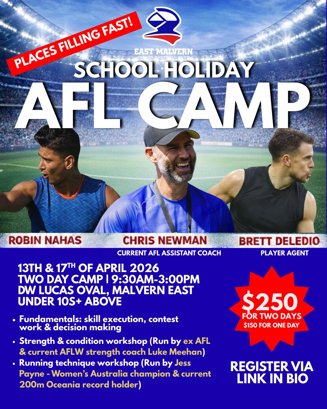 **GAME CHANGER! 🏈**
HUGE news Knights families! The Knights School Holiday AFL Camp is NOW open to our U10 superstars! 🎉
✨ Train with AFL legends Robin Nahas, Chris Newman & Brett Deledio
✨ Two days of epic footy action
✨ Skills, mates & non-stop fun!
**April 13th & 17th, 2026**
📍 DW Lucas Oval, Malvern East
💰 $250 both days | $150 single day
Places filling FAST! Link in bio to secure your spot 🔥
** #GoKnights #EastMalvernKnights #OnceAKnightAlwaysAKnight #linkinbio **