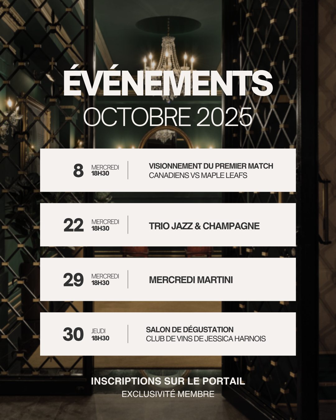 Mise à jour – Événements d’octobre au Club St-Denis.
Les inscriptions sont ouvertes sur le portail membre.
Billets en quantité limitée.
www.clubstdenis.com