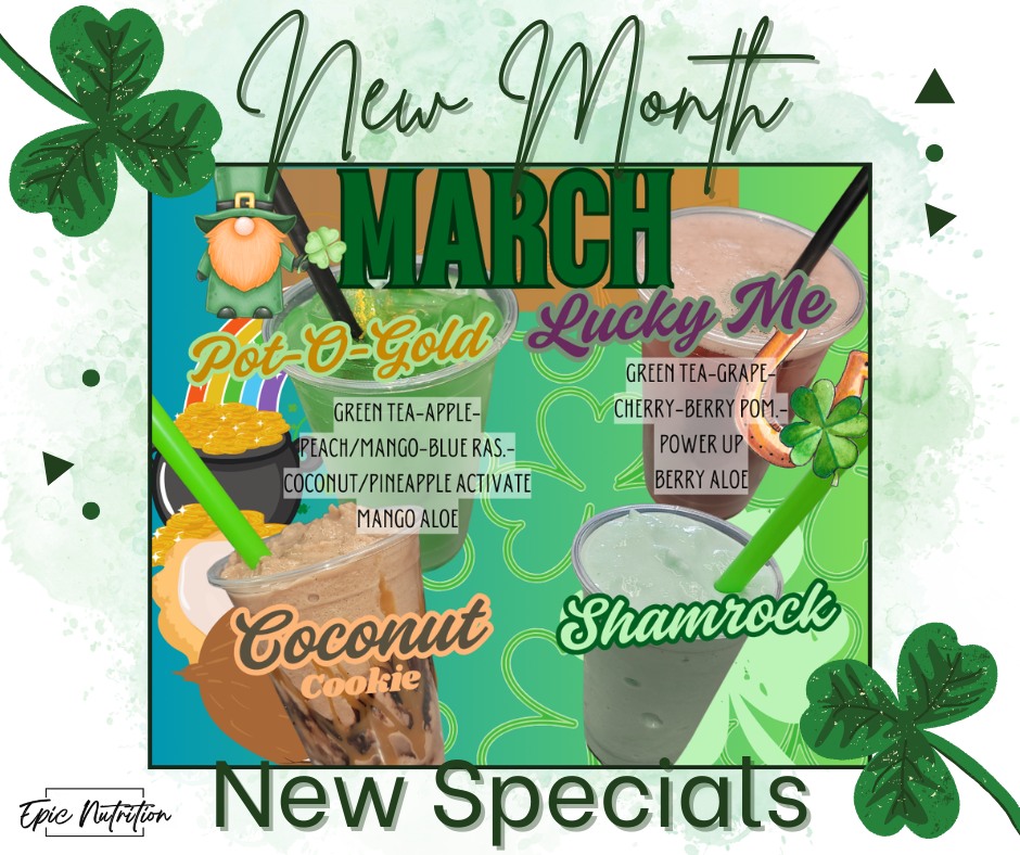 🍀✨ NEW MONTH. NEW SPECIALS. NEW SIPS. ✨🍀
March is here, and we are bringing ALL the fresh spring vibes to your cup 💚🌷
This month’s specials are giving nostalgic favorite vibes, but we're making them healthy 👏
🥤 Shamrock Shake – our better-for-you version of the classic 🍀
Creamy, minty, sweet, and everything you love… without the drive-thru guilt.
🥥 Coconut Cookie Shake – think Girl Scout season in a cup 🤍
Chocolate + coconut + cookie goodness that tastes like your favorite treat, but fuels your day instead.
🌸 And say hello to our brand new SPRING TEAS:
✨ Pot-O-Gold – bright, bold, and packed with golden energy
✨ Lucky Me – fruity, refreshing, and full of feel-good vibes
Whether you need a little extra luck, a sweet treat without the crash, or just a reason to celebrate the new season… we’ve got you 💚
Tag your lucky charm and tell us which one you’re trying first 👇🍀
#NewMonthNewSpecials #ShamrockShake #SpringSips #EpicEnergy