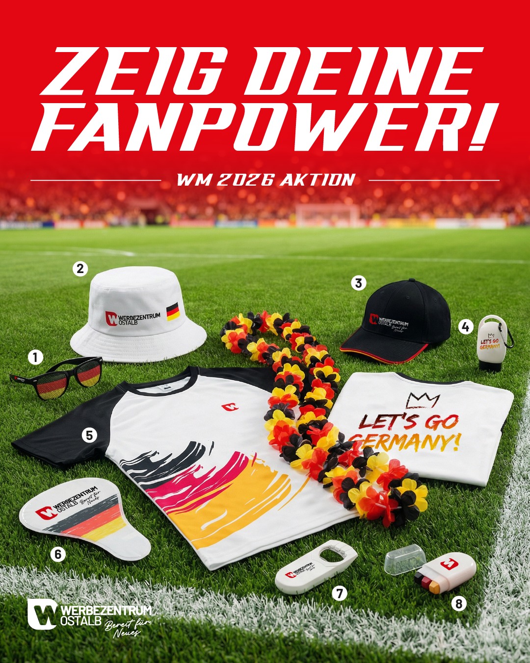 ⚽🇩🇪 WM 2026 – Zeig deine Fanpower!
Die FIFA Fußball-Weltmeisterschaft 2026 kommt – und mit unseren Fanartikeln bist du perfekt vorbereitet!
🕶 Deutschland-Sonnenbrillen
🎩 Buckethats, Caps, Fan-Shirts
🎨 Schminkstifte in Schwarz-Rot-Gold
👏 Ratschen, Klopfschläuche, Klapper- und Winkehände
🍻 Flaschenöffner, Sonnencreme und Fächer
✨ Die Artikel sind mit deinem Logo veredelbar: perfekt für Public Viewing, Events oder als Werbegeschenk für Kunden & Mitarbeiter.
Mach deine Marke zum Teil des Fußballfiebers! ⚽🔥
📩 Jetzt Fanartikel sichern!
#wm2026 #fanartikel #werbeartikel #publicviewing #promotion #deutschland #marketing #WerbezentrumOstalb #Unterschneidheim #textildruck #digitaldruckerei #werbetechniker #schwäbischgmünd #dinkelsbuehl #werbeagentur #stickerei #digitaldruck #heidenheimanderbrenz #aalen #ellwangen #ostalbkreis #aktion #angebot #FußballLiebe #fussballverbindet #Weltmeisterschaft #FIFAWorldCup #FIFA
