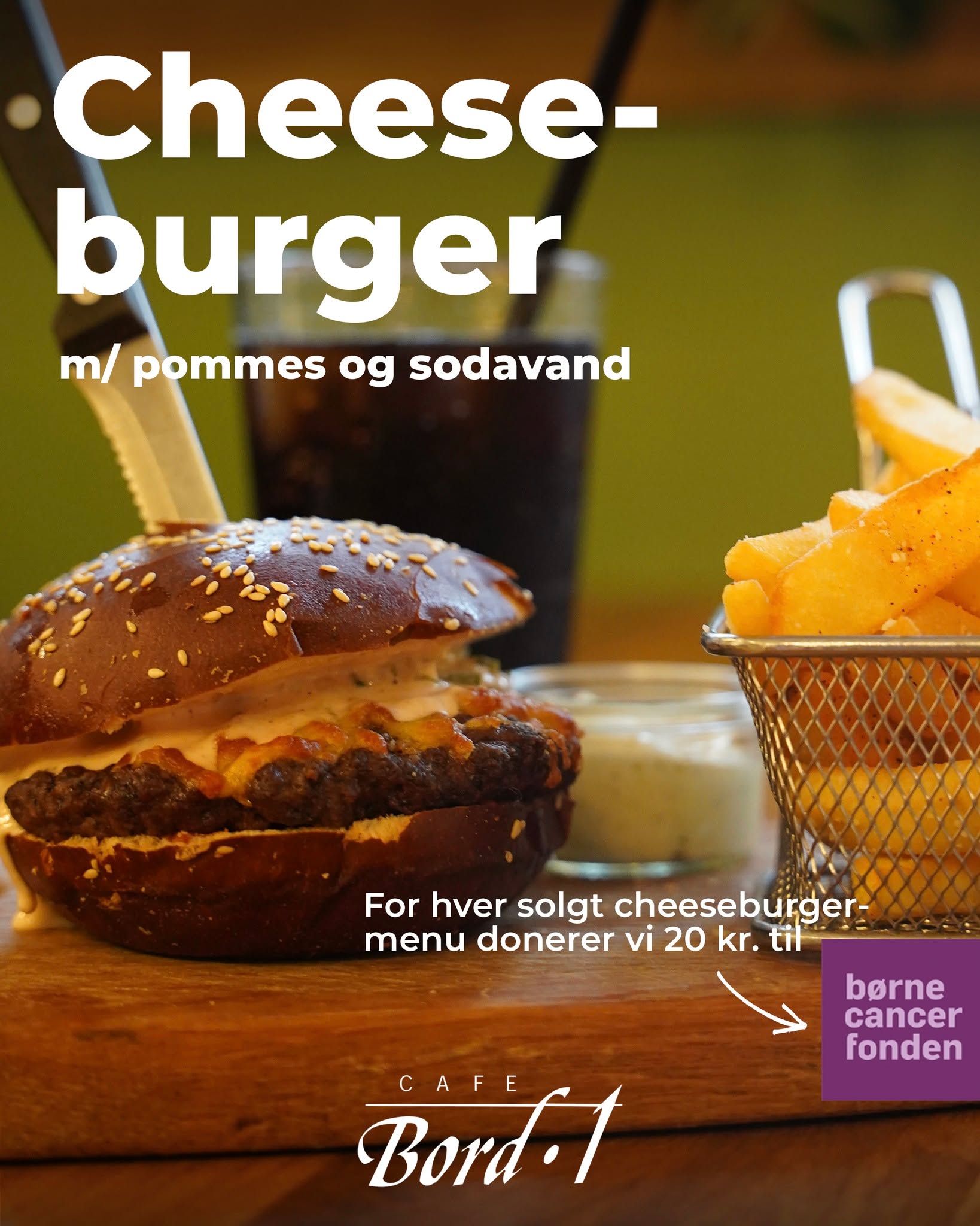 🫵🏼 Støt kampen MOD børnecancer!
👉🏼 Cheeseburger-menu med pommes og en 1/2 L. sodavand til KUN 110 kr.
🗣️ For hver solgt cheeseburger-menu i denne uge, donerer vi 20 kr. til Børnecancerfonden 💜
Du kan også støtte den vigtige sag online på boernecancerfonden.dk
___
Tilbuddet gælder fra mandag d. 2. marts til og med på fredag d. 6. marts.
