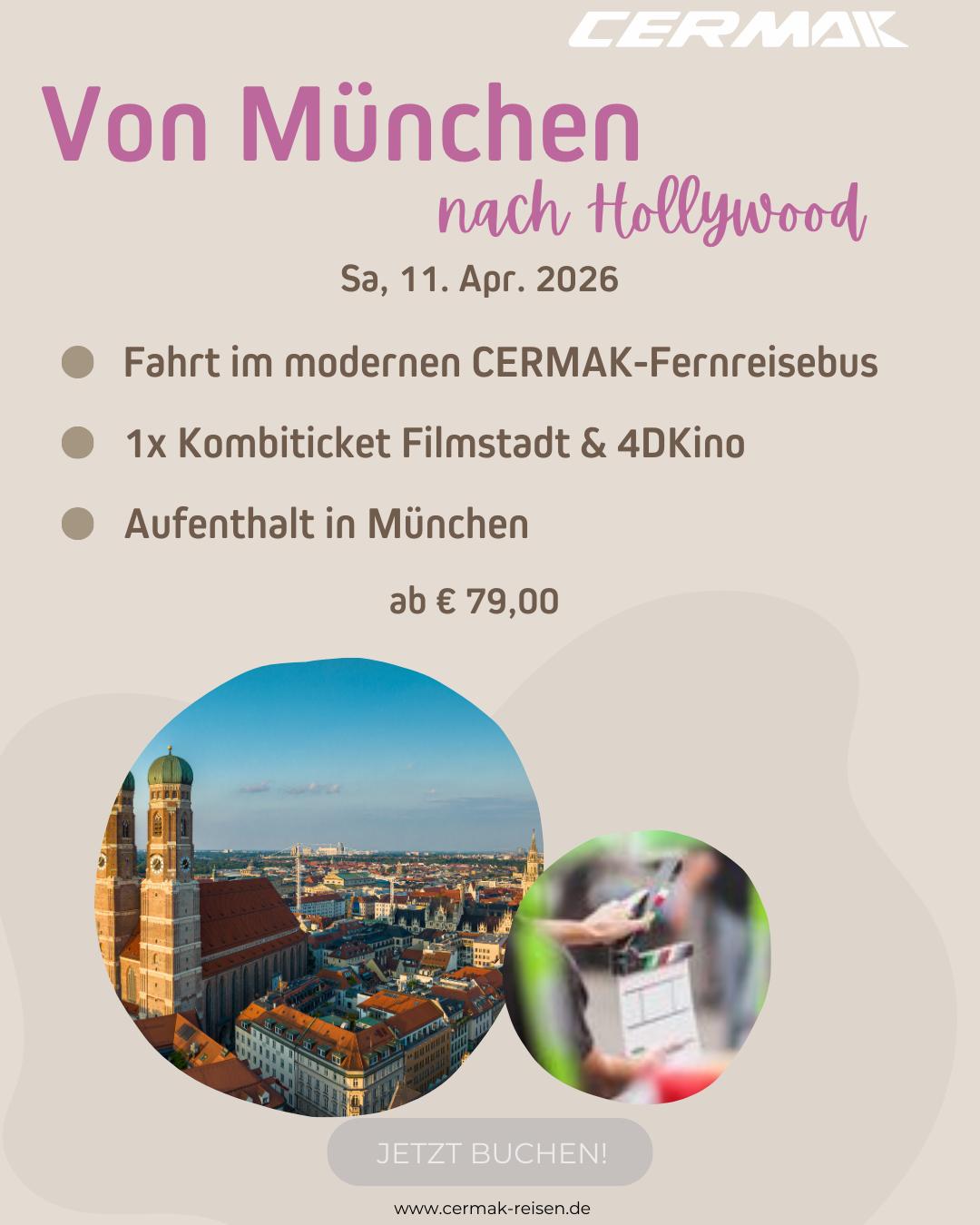 🎬 Filmfans aufgepasst!
Erlebt mit CERMAK Reisen einen unvergesslichen Tag zwischen Kino, Kulissen & Münchner Lebensart! 🌟
🚍 Von München nach Hollywood – Bavaria Filmwelt
Taucht ein in die magische Welt der Film- und Fernsehproduktion bei einem Besuch der Bavaria Filmstadt – dem echten „Hollywood an der Isar“! Bei einer geführten Tour entdeckt ihr originale Drehorte, spektakuläre Requisiten und erfahrt spannende Geheimnisse rund um bekannte Film- und TV-Produktionen.
🍿 Highlights der Tagesfahrt:
✨ Geführter Rundgang durch die Bavaria Filmstadt
🎥 Kombiticket inklusive Führung & 4D-Kinoerlebnis
🏙️ Freie Zeit in München zum Bummeln, Cafés genießen oder Sightseeing
🚍 Komfortable Fahrt im modernen CERMAK-Fernreisebus
💶 Preis ab € 79,- pro Person – perfekt für Film- und Serienfans!
Ob mit Familie, Freund*innen oder alleine – diese Tagesfahrt bringt euch dem Film-Zauber ganz nah und perfekt kombiniert erlebnisreiche Einblicke mit einem tollen München-Ausflug. 🤩🍻
👉 Jetzt buchen & Plätze sichern!
📅 Termine verfügbar – fragt gleich an oder checkt unsere Website!
#CERMAKReisen #BavariaFilmwelt #Filmstadt #Tagesfahrt #München #Reiseerlebnis #HollywoodAnDerIsar 🎟️📽️
