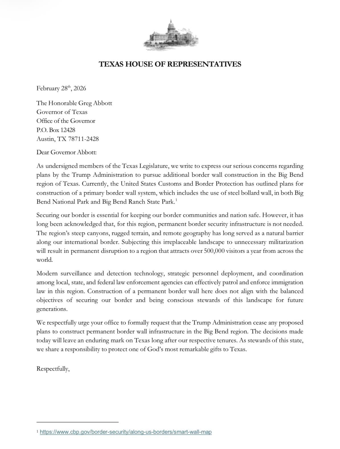 46 members of the Texas House have joined me in urging Governor Abbott request that the Trump Administration cease any plans or construction of a border wall in the Big Bend region.
This is not a partisan issue. This is about protecting the most irreplicable landscape in Texas and in our nation. A permanent steel wall has no place in Big Bend.
Texans are entrusted to protect this pristine ecosystem and remain faithful stewards of this land. Governor Abbott must act now before it is too late.