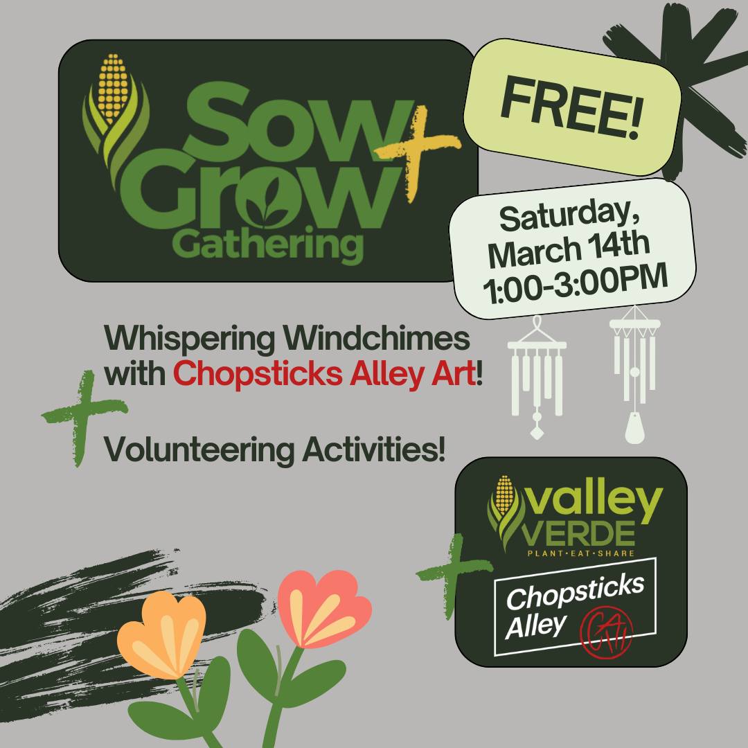 Ready to get creative? Join Valley Verde and Chopsticks Alley Art on Saturday, March 14th, for the first event in the "Water Cycle" series!
We’ll be crafting Whispering Wind Chimes to celebrate the sounds of water in nature. We'll also spend some time together in the garden for some light garden maintenance. It’s a great way to give back to the earth and take home something beautiful.
Details:
📍 691 W San Carlos St, San Jose
🕐 1 PM - 3 PM
Grab your spot today!
RSVP here: https://www.valleyverde.org/event-details/chopsticks-alley-art-activity-1-of-3-whispering-wind-chimes
---
¿Listos para ponerse creativos? ¡Únanse a Valley Verde y Chopsticks Alley Art el sábado 14 de marzo para el primer evento de la serie "Ciclo del Agua"!
Estaremos creando "Campanas de Viento Susurrantes" para celebrar los sonidos del agua en la naturaleza. También pasaremos un tiempo juntos en el jardín realizando un mantenimiento ligero. Es una excelente manera de retribuir a la tierra y llevarse algo hermoso a casa.
Detalles:
📍 691 W San Carlos St, San José
🕐 1 PM - 3 PM
¡Reserva tu lugar hoy mismo!
Regístrate aquí (RSVP): https://www.valleyverde.org/event-details/chopsticks-alley-art-activity-1-of-3-whispering-wind-chimes
---
Bạn đã sẵn sàng để sáng tạo chưa? Hãy cùng Valley Verde và Chopsticks Alley Art tham gia sự kiện đầu tiên trong chuỗi hoạt động "Chu kỳ của Nước" vào Thứ Bảy, ngày 14 tháng 3!
Chúng ta sẽ cùng nhau làm "Chuông gió Thì thầm" để tôn vinh âm thanh của nước trong tự nhiên. Chúng ta cũng sẽ dành thời gian cùng nhau chăm sóc vườn tược nhẹ nhàng. Đây là một cách tuyệt vời để tri ân đất mẹ và mang về nhà một món đồ thủ công xinh đẹp.
Chi tiết:
📍 691 W San Carlos St, San Jose
🕐 1 giờ chiều - 3 giờ chiều
Hãy đăng ký ngay hôm nay!
Đăng ký tại đây (RSVP): https://www.valleyverde.org/event-details/chopsticks-alley-art-activity-1-of-3-whispering-wind-chimes