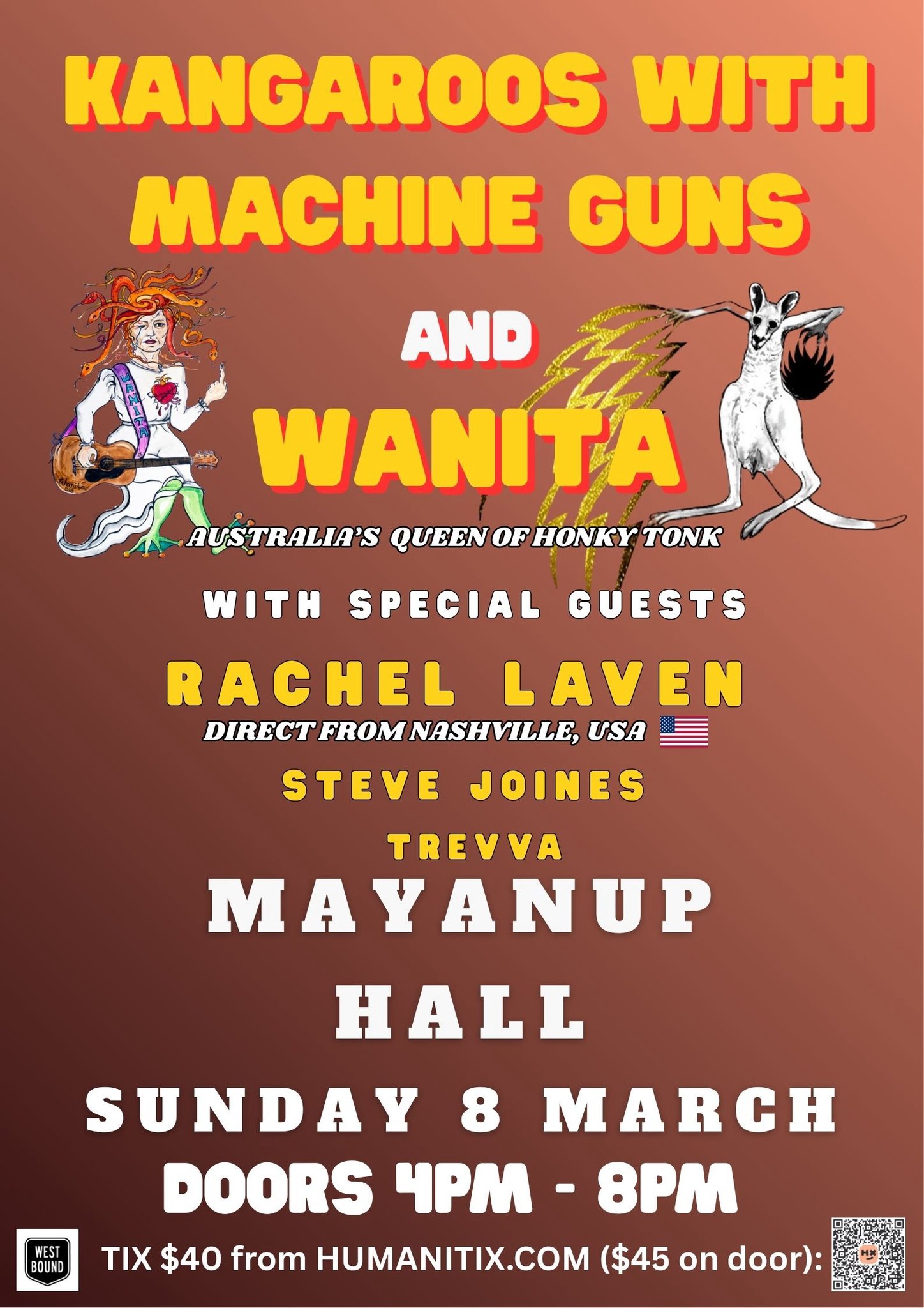 🎶 Live Country Music at Mayanup Hall! 🎶
Kangaroos with Machine Guns & Wanita – Australia’s Queen of Honky Tonk are bringing a huge afternoon of country music your way!
⭐ Special guests: Rachel Laven (Nashville), Steve Joines & Trevva
📍 Mayanup Hall
📅 Sunday 8 March
⏰ Doors 4PM – 8PM
🎟 $40 via Humanitix | $45 at the door
Grab your mates and don’t miss it! 🤠🎸
#LiveCountryMusic #HonkyTonk #Wanita #CountryMusicWA #MayanupHall #SupportLiveMusic #CountryGig