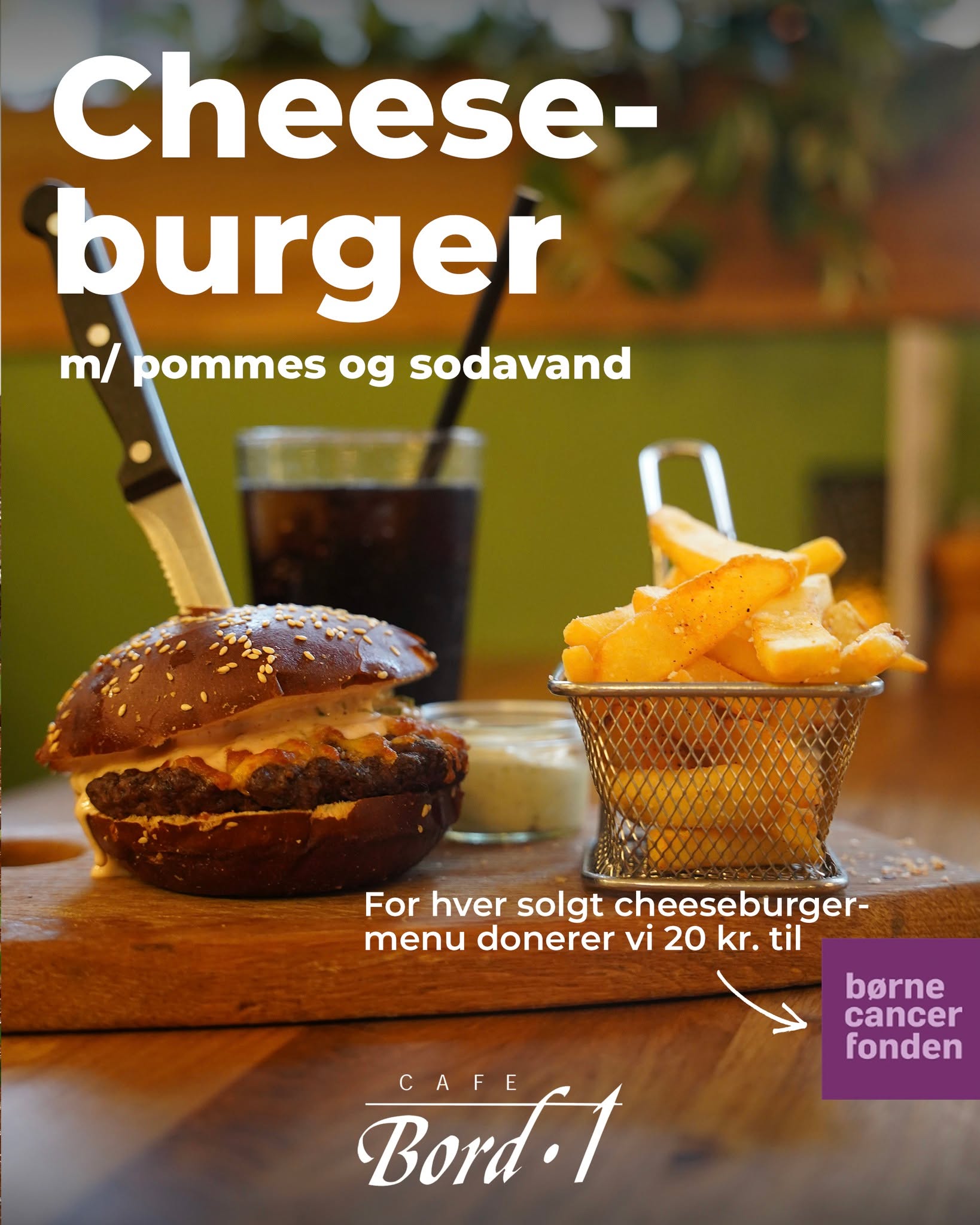 I forbindelse med #fodboldtrøjefredag sælger vi i denne uge en lækker cheeseburger-menu med pommes og en 1/2 L. sodavand til KUN 110 kr.
🗣️ For hver solgt cheeseburger-menu i denne uge, donerer vi 20 kr. til Børnecancerfonden 💜
Så skal der være nem middag eller aftensmad i denne uge, så kig forbi 😁
Tilbuddet gælder fra mandag d. 2. marts til og med på fredag d. 6. marts.