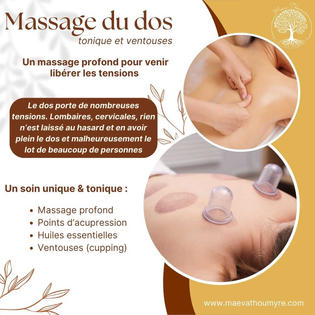 Un soin complet pour prendre soin du dos et relâcher les tensions...mais pas que !
Un massage tonique du dos associé à la pose de ventouses qui va mettre en mouvement toute la circulation sanguine et venir déloger de nombreuses toxines.
Les huiles essentielles, 🍃 décontractantes ou apaisantes vont également aider à la détente du corps et de l'esprit😇
"En avoir plein le dos" n'est pas seulement une expression, c'est une cause réelle de douleurs et parfois le début de maux bien plus importants 🤯.
Prenez soin de vous car personne d'autre ne le fera à votre place !
✨ Je suis Maëva, Naturopathe spécialisée dans les troubles digestifs et hormonaux et je vous aide à devenir acteur/actrice de votre santé en comprenant les mécanismes de votre corps ✨
#naturopathedeuxsevres #massagesdos #soinducorpsesprit