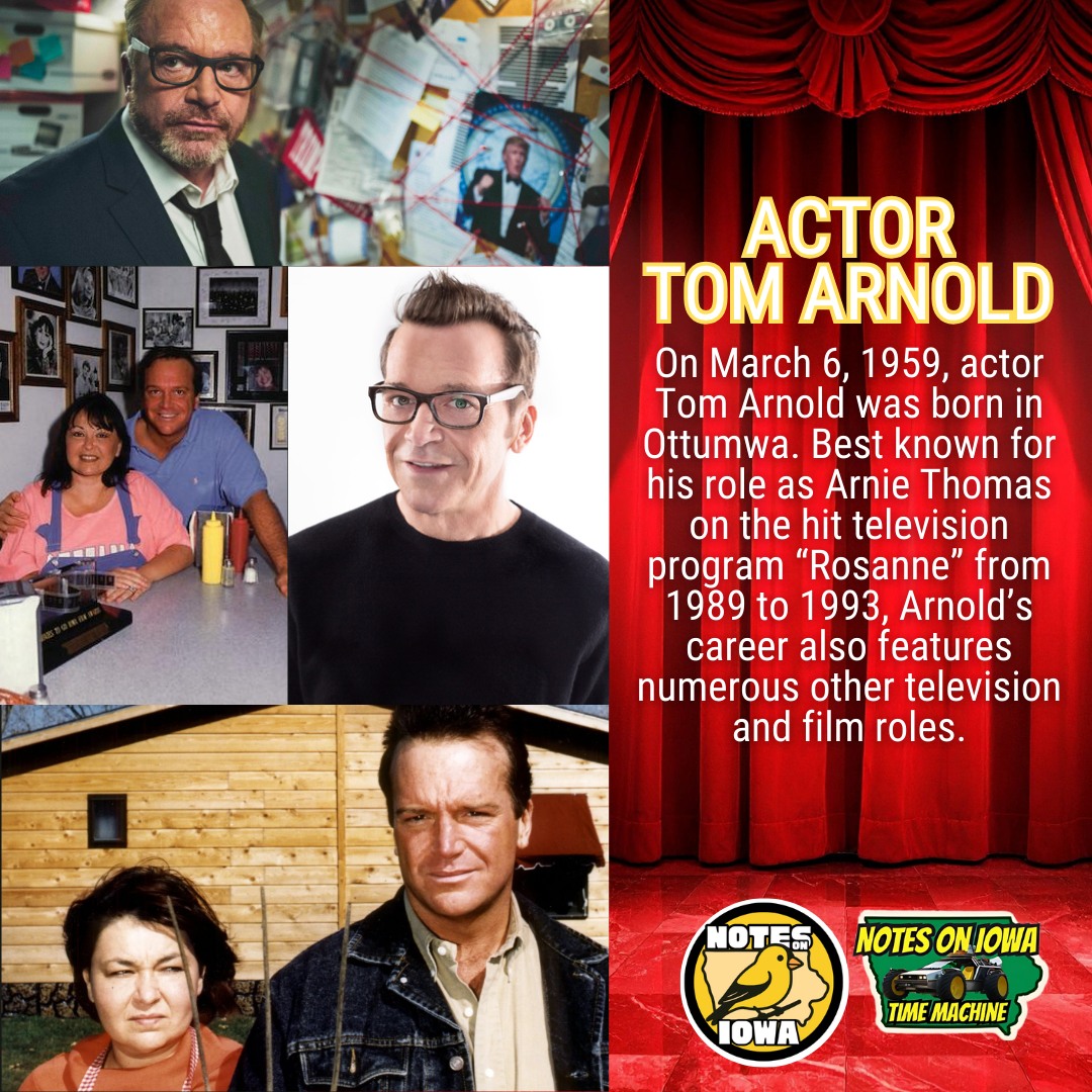 Iowa Time Machine ⏰: On March 6, 1959, actor Tom Arnold was born in Ottumwa. Best known for his role as Arnie Thomas on the hit television program “Rosanne” from 1989 to 1993, Arnold’s career also features numerous other television and film roles.
Arnold’s childhood proved difficult in Wapello County. Born to two very young parents who struggled with individual problems, the Arnold children struggled. An alumnus of Ottumwa High School, Tom worked his way through Indian Hills Community College and the University of Iowa by working in a meatpacking plant.
After writing a prop-based comedy show called “Tom Arnold and the Goldfish Review,” Arnold arrived on the set of the hit comedy show “Rosanne” as a writer. He married Rosanne Barr in 1990. The couple once moved to Eldon, Iowa, and opened “Roseanne and Tom’s Big Food Diner.” Featuring a menu patterned after the show’s “Lanford Lunch Box” (which originated from Ottumwa’s Canteen Lunch in the Alley), the restaurant welcomed customers until 1995.
Tom Arnold and Rosanne Barr appeared in the film “The Woman Who Loved Elvis,” which was filmed in Ottumwa. The couple divorced in 1994. Arnold’s career continued, including roles in movies and on television. He served as the host of “The Best Damn Sports Show Period” for four years and also appeared in “Sons of Anarchy.” #Iowa #OTD #History #Televsion #Acting