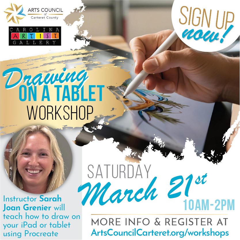 📢 REGISTER NOW! 📢 Join instructor Sarah Joan Grenier for a Saturday workshop teaching how to draw on your iPad or tablet ✍️
In this class, we will learn the basics for drawing on the program called Procreate. We will learn about finger motions, building layers, and work through all the features of the program with a project.
*When: Saturday, March 21 (10am-2pm)
*Cost: $50 per student (bring your own tablet)
*Where: ACCC Arts Center, 1702 Arendell Street
*Sign-up/More Info: ArtsCouncilCarteret.org/workshops
#artscouncil #artworkshop #carteretcountyarts #crystalcoast #diyart #funwithart #learntodraw #drawingontablet #drawonipad