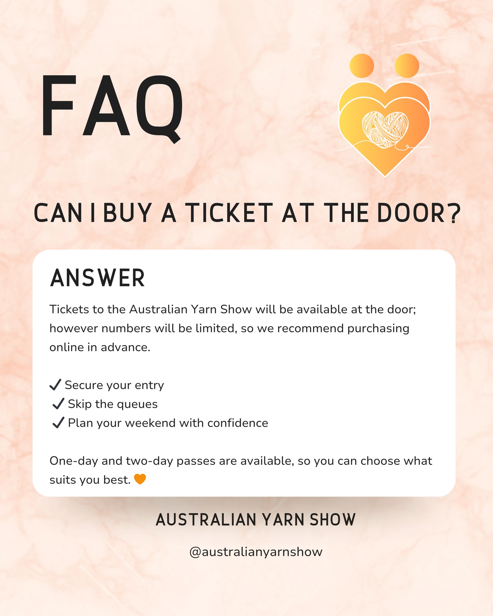 We’re only days away from the Australian Yarn Show opening its doors! ✨
As we head into the final countdown, we’ve pulled together answers to some of the most common questions we’ve been receiving from tickets and check-in to talks, accessibility and what to bring along 💡
If you're planning your visit this weekend, these FAQs should help you feel prepared so you can focus on the fun part: yarn, creativity and community 🫶
A few quick reminders:
✔️ Door tickets will be limited, so booking online is recommended
✔️ Main Stage talks are included in your entry ticket
✔️ Workshops are separate tickets and are now closed
✔️ Sunday is typically a slower day if you prefer a quieter experience
Take a quick swipe through to get the details and start planning your yarn-filled weekend 🧶
We can't wait to welcome you all to Hotel Realm very soon 🧡