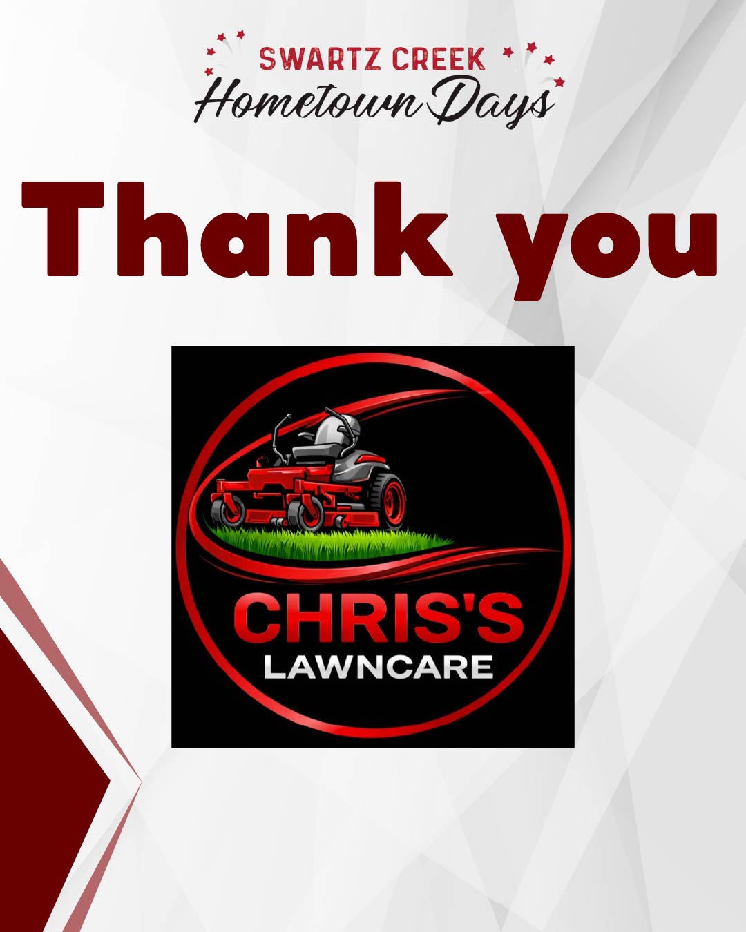 Swartz Creek Hometown Days would like to give a big thank you to Chris's Lawncare for taking care of the property and helping keep things looking great. We appreciate your support!
#Swartzcreek #community #localbusiness