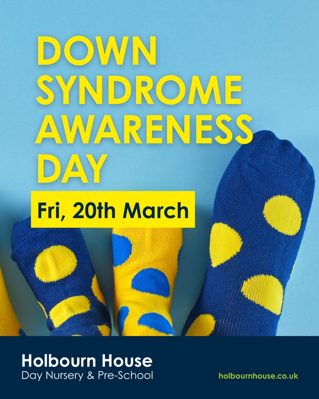 Reminder! 📢
It's Down Syndrome Awareness Day at the weekend, so to mark the event and help raise awareness, we'll be wearing the brightest, oddest socks on Friday 20th March. 💙🧦 💛
What's the most striking sock combination you can come up with?
#DownSyndromeAwarenessDay #OddSocksDay #EarlyYearsEducation #HolbournHouse
