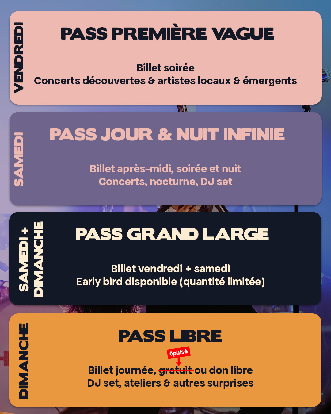 M-5 avec la deuxième édition du Festival Baie Sonore 🔥 C'est le moment de vous faire un petit point sur les différents pass billetterie disponibles.
- VENDREDI - pass première vague : découvrez des artistes locaux
- SAMEDI - pass jour & nuit infinie : concerts, dj set et nocturne
- SAMEDI + DIMANCHE - pass grand large : restez avec nous tout le week-end
- DIMANCHE - pass libre : entrée en don libre (pass gratuit épuisé)
Un petit mot pour vos dons du dimanche qui seront précieux pour nous permettre de faire vivre le festival sur la durée. Merci pour vos soutiens 🤍
Et bien sûr, un grand merci aux personnes qui ont déjà pris des places 🫶🏻
🎫 Lien billetterie en bio