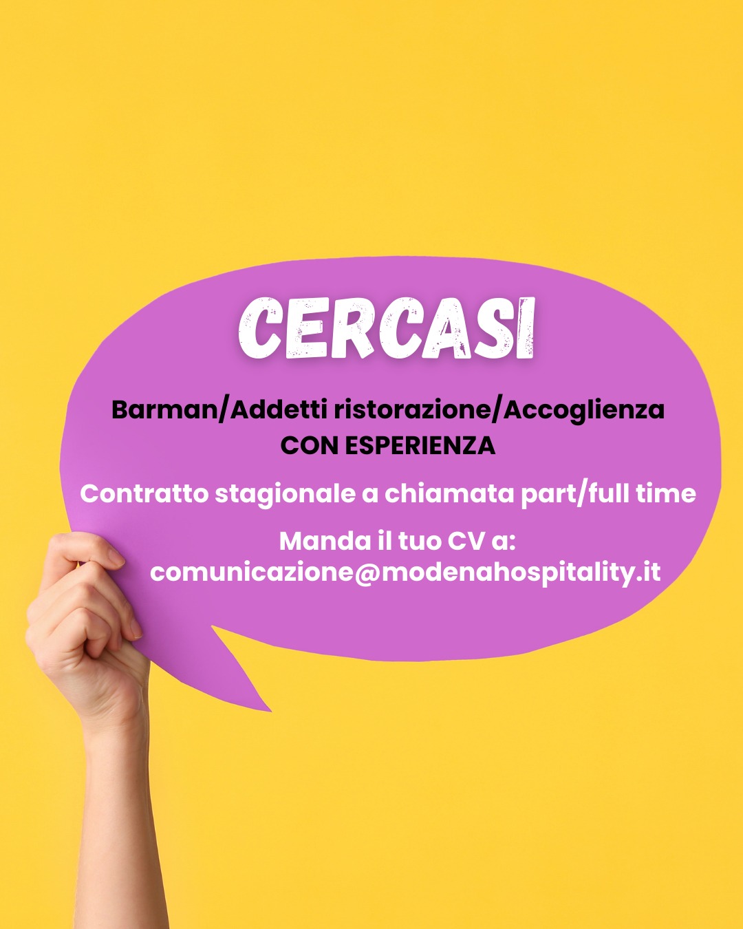 Pronto a tuffarti nella stagione 2026? 💦 Le Piscine Green Club di Casinalbo cercano nuovi membri per la stagione, da maggio a settembre!
Cerchiamo persone solari, motivate e responsabili per le mansioni di barman/accoglienza/servizio ai tavoli, che abbiano:
🍹Esperienza nel settore della ristorazione veloce, nella preparazione e somministrazione delle bevande
🌍 Buona conoscenza dell'inglese
📋 Attestato HACCP (preferenziale)
👔 Presenza curata
📍 Residenza a Formigine o dintorni
Cosa offriamo:
✅ Contratto stagionale a chiamata (full-time o part-time da valutare in base alla disponibilità data)
✅ Pasto offerto
✅ Ambiente di lavoro giovane, dinamico, prestigioso e internazionale
Se hai energia, sorriso e voglia di fare, mandaci il tuo CV👇
📩 comunicazione@modenahospitality.it
.
.
.
#LavoroModena #GreenClubCasinalbo #LavoroStagionale #Barman #Estate2026 #lavorostagionale #Formigine #LavoroPiscina #lavoroestivo #lavoromodenaeprovincia #lavoroemiliaromagna #offertedilavoromodena #piscinegreenclub #lavoraconnoi