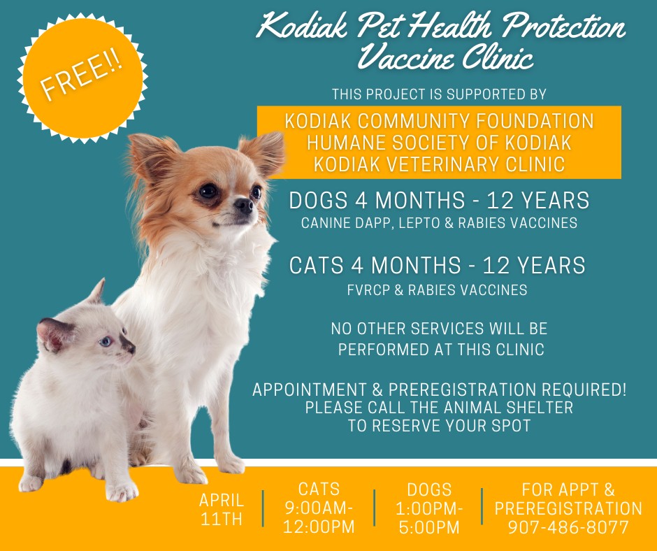 ALL SLOTS HAVE BEEN FILLED!!
THANK YOU TO TO EVERYONE WHO SIGNED UP!
This project is made possible through a generous grant from the Kodiak Community Foundation, an Affiliate of The Alaska Community Foundation. We are so grateful for their support in helping keep Kodiak pets healthy and protected. 💙