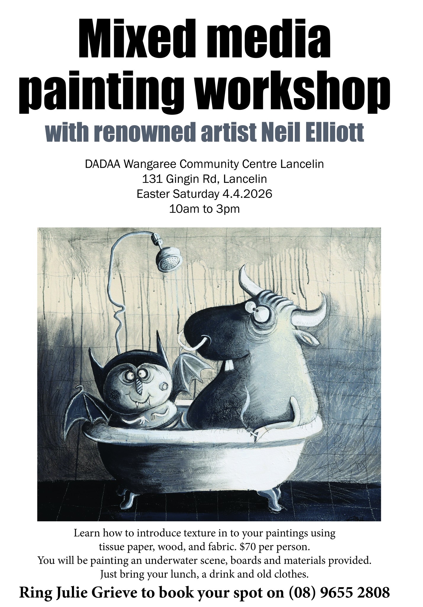 Paint. Texture. Salt air.
This Easter Saturday, artist Neil Elliott is heading to Lancelin for a hands on mixed media painting workshop that’s all about loosening up and exploring texture.
Set inside the DADAA Wangaree Community Centre, you’ll spend the day learning how to build rich surfaces in your paintings using materials like tissue paper, wood and fabric. The subject for the day is an underwater scene, and Neil will guide you through the process step by step. No guesswork. Just paint, texture and experimentation.
All boards and materials are provided. Just bring your lunch, a drink and some old clothes you don’t mind getting messy.
Mixed Media Painting Workshop with Neil Elliott
DADAA Wangaree Community Centre, 131 Gingin Rd, Lancelin
Easter Saturday 4 April 2026
10am to 3pm
$70 per person
To book your place ring Julie Grieve on (08) 9655 2808. Spots will fill quickly.
#mixedmediaart #artworkshop #westernaustraliaartists #lancelin #learnart #perthartists #creativeworkshop #textureinart