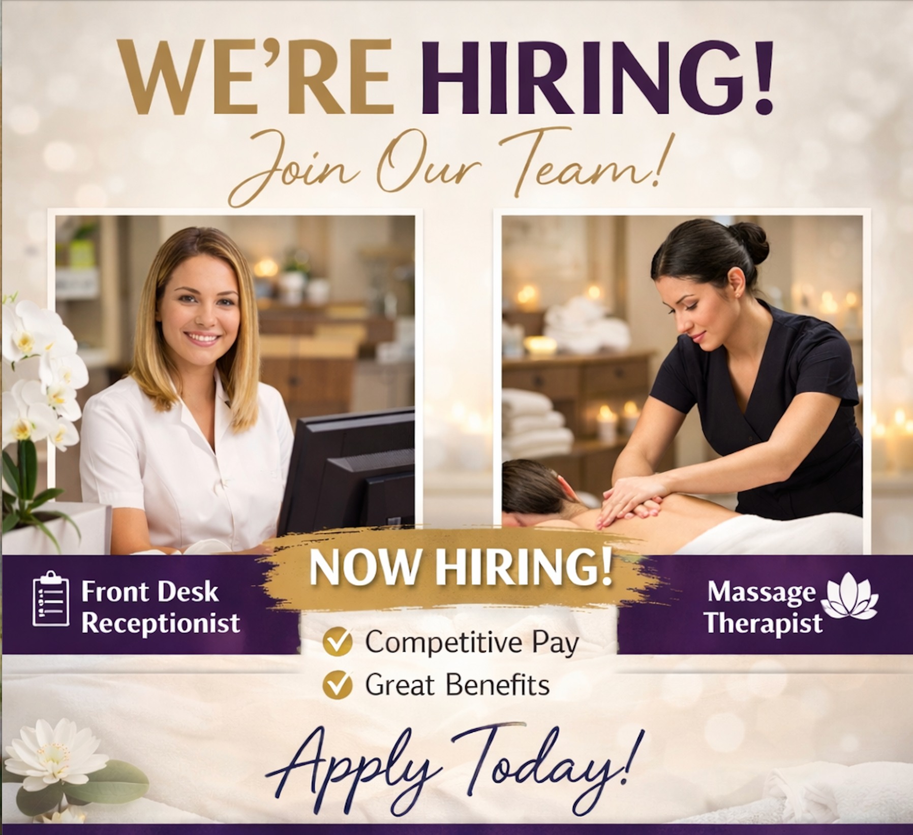 We’re growing and looking for amazing people to join our team! 🤍
Our medical spa is currently hiring:
✨Full-Time Front Desk Receptionist
✨Full-Time Massage Therapist
If you are professional, positive, team-oriented, and passionate about delivering exceptional client experiences, we would love to meet you!
✅Competitive pay
✅Supportive team environment
✅Growth opportunities
✅Beautiful, professional workspace
Ready to love where you work?
Send your resume to toniluck@rejuvenatemedspaia.org
Tag someone who would be perfect for this! 🌟