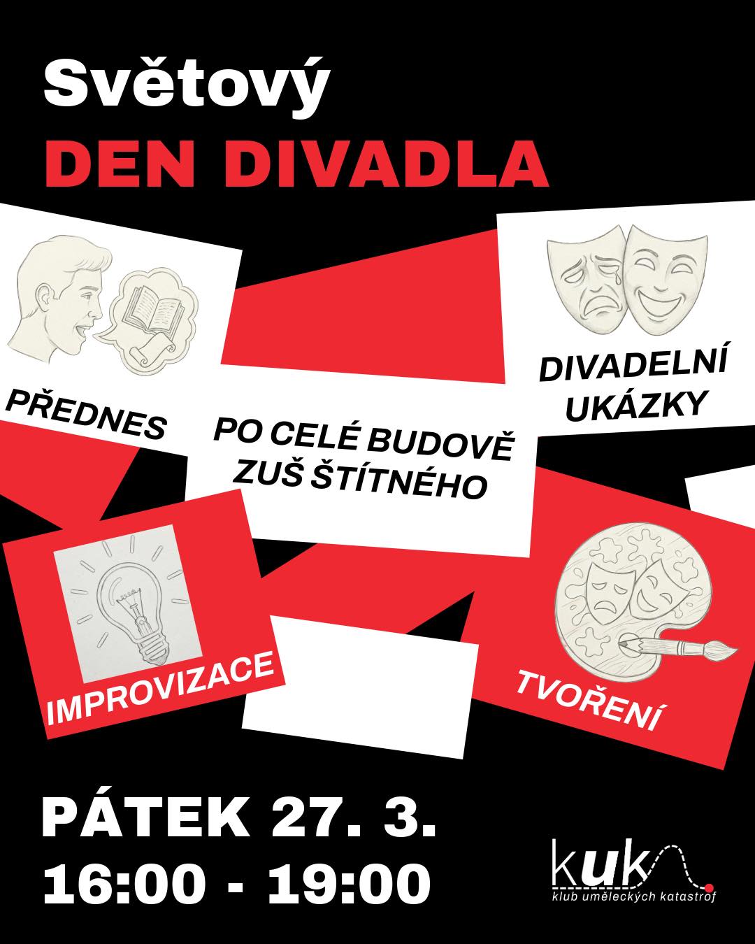 🎭 Oslavte s námi Světový den divadla! 🥳 V pátek 27. 3. ožije celá ZUŠ Štítného nejen divadlem. Od 16:00 do 19:00 rozžijeme celou budovu ZUŠ Štítného. Připravili jsme pro vás divadelní ukázky a zazní i přednes po celé budově. Hrát a recitovat budeme všude, kde to jen půjde – na chodbách, v ateliérech, ve sborovně i v našem divadelním sále. Přijďte se podívat, jak to u nás žije!
Těšíme se na vás!
#kukdivadlo #zusstitneho #dramaťák #divadlo #svetovydendivadla #radostzhry
