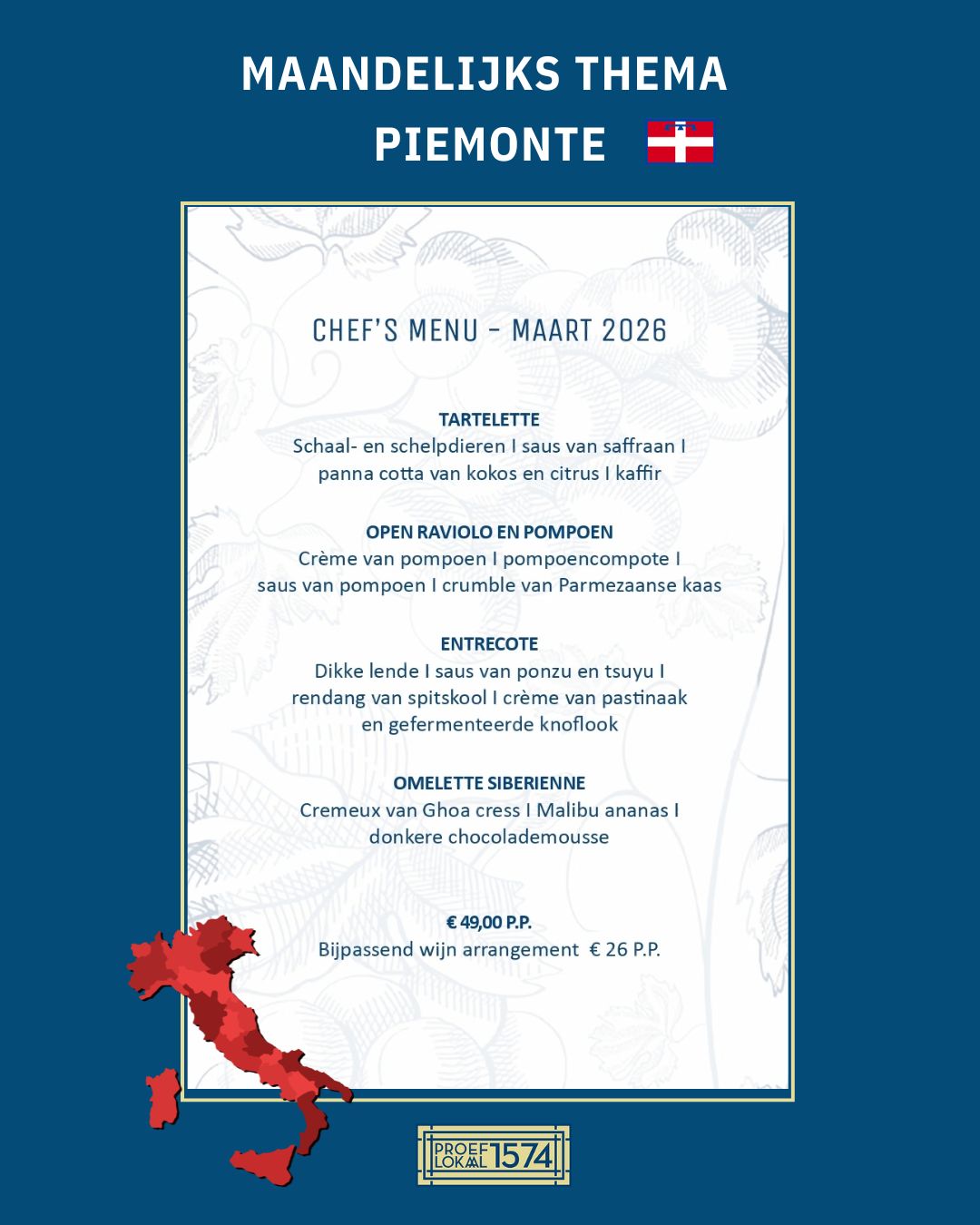 Heb je het al geproefd? Deze maand serveren we naast onze dinerkaart ook een Chef’s Menu. Op veler verzoek hebben we een menu samengesteld waarin de chef zijn favoriete gerechten van het moment laat samenkomen.
En om het nog mooier te maken schenken we er natuurlijk passende wijnen bij uit het wijnregio-thema van de maand: Piemonte 🇮🇹
Je kunt gewoon reserveren voor diner en ter plekke kiezen voor het Chef’s Menu. Tot snel!