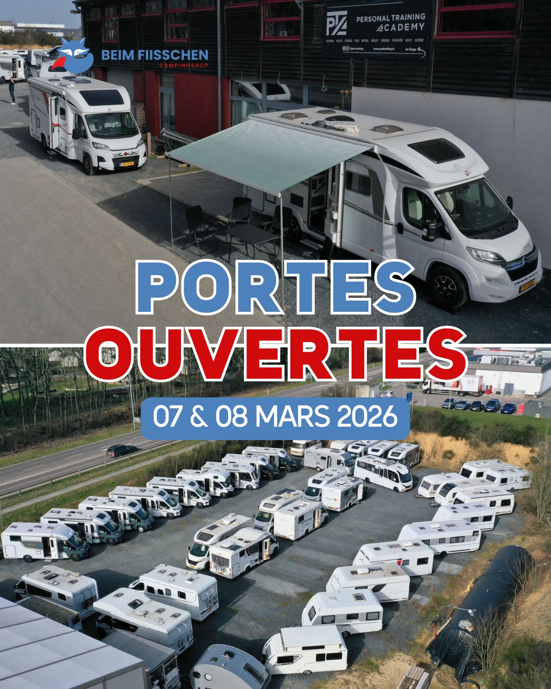 Mir si prett fir eis grouss Porte Ouverte dëse Weekend bei eis an der Fuussekaul!⛺️ Kommt laanscht an entdeckt allerlee Camping-Accessoiren & flott Campere fir ze kafen oder ze lounen! 🚐☀️