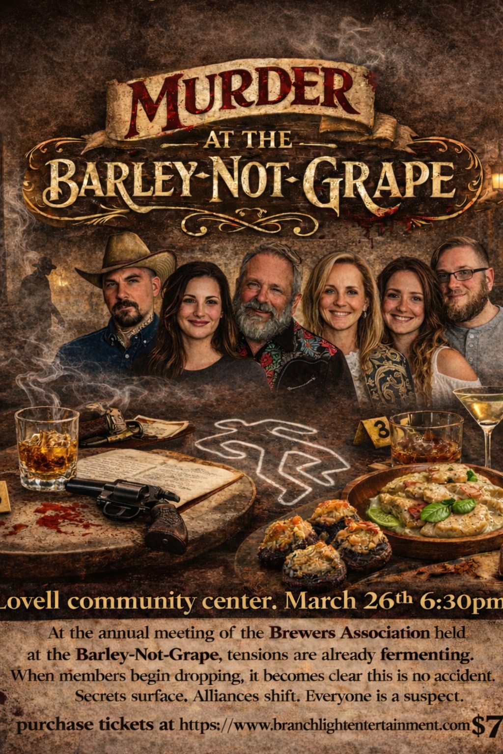 Get you your tickets to a Great Family Night out. Can you help solve who Done it? Excelent food Good clean fun! https://www.branchlightentertainment.com/event-details/murder-at-the-barley-not-grape-lovell