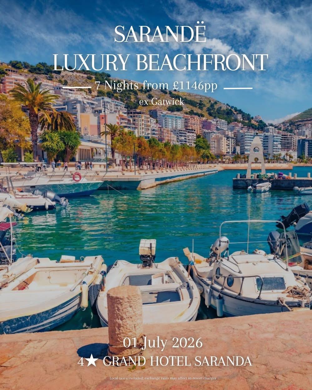 🌊 Albania Beach Escape – Sarandë
If you’re looking for somewhere a little different this summer, Sarandë on Albania’s Riviera is seriously worth a look.
Think turquoise water, beachfront bars, lively evenings and views across to Corfu.
✨ 7 nights from £1,146pp
📅 01 July 2026
🏨 4★ Grand Hotel Sarandë
Standard Double Room
Breakfast included
Right on the seafront with beautiful views and easy access to the town’s restaurants, beach clubs and promenade.
What’s included
✈ International flights (2 × 15kg bags)
🏨 7 nights accommodation with breakfast
⛴ Return ferry included
🚗 Private airport transfers
🚗 Private port to hotel transfers
From £1,146pp
Example departures
✈ Gatwick £1,146pp
✈ Liverpool £1,151pp
✈ Stansted £1,170pp
✈ Birmingham £1,172pp
✈ Manchester £1,187pp
✈ Leeds £1,296pp
✈ Bristol £1,376pp
Deposit from £450pp
Local city tax
€2.59 per person per night
Approx £21pp total
Albania is quickly becoming one of Europe’s most talked-about beach destinations and it’s easy to see why. Beautiful coast, great food and still fantastic value.
📞 07856 872978
📧 nctravel@travel-pa.com
🌍 www.nctravel.co.uk
#NCTravelUK #AlbaniaRiviera #Sarande