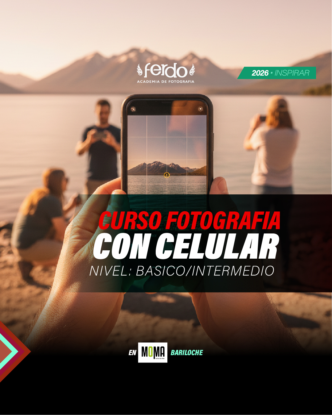 CURSO DE FOTOGRAFIA CON CELULAR
Aprendé a sacar mejores fotos con tu celular. 📱
📍 en Bariloche
Un curso práctico para que empieces a usar de verdad la cámara de tu celular y logres fotos más cuidadas, expresivas y personales.
Trabajamos de forma simple y práctica la luz, el encuadre, la composición y el color, con ejercicios guiados y salidas fotográficas para aprender haciendo.
✔️ Curso presencial
✔️ Prácticas reales + 2 salidas fotográficas (clases 3 y 7)
✔️ Grupos reducidos
✔️ Nivel básico / intermedio
✔️ 7 clases
🗓 Inicia lunes 16 de marzo
🕡 de 18:30 a 20:30
📍 MOMA Multiespacio – Bariloche
📲 Inscripciones por WhatsApp
+54 9 294 493 1596
🌐 Más info y pagos online
www.ferdoacademia.com/celular