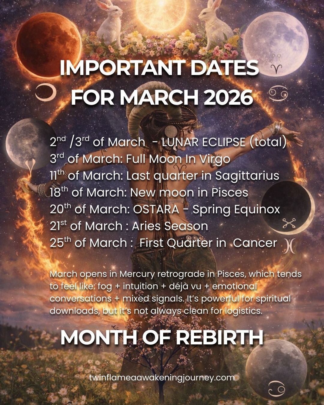 March is not playing around. 👀🌕
We start with an eclipse that says “clean your life up,” move through emotional fog and spiritual downloads, and then BOOM: Aries season kicks the door open like “okay, now act on it.” 🔥
It’s giving: release the drama, trust your intuition, and stop procrastinating your next level.
Basically… March clears what’s fake so April can build what’s real. 💫
Save this post to keep up to date energetically.
#MarchEnergy
#EclipseSeason
#VirgoFullMoon
#PiscesNewMoon
#AriesSeason
#SpringEquinox