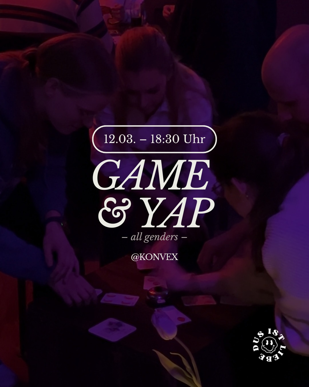 Bock auf Düsseldorfs entspannteste Game Night? 😏♣️ Beim Game & Yap wartet ein Abend voller Klassiker wie Werwolf, Wizard, Kniffel, Lachen, Deep Talks & lockerer Kennenlern-Runden auf dich – in cozy Bar-Vibe mit leckersten Drinks von der @bar_konvex 🍻 Perfekt, um nach Feierabend abzuschalten, neue Leute kennenzulernen und einfach nen guten Abend zu haben. Alle Infos & Tickets findest du wie immer über den Link in unserer Bio 🎲🍸✨
#wasgehtindüsseldorf #düsseldorf #spieleabend #gamenight #neueleutekennenlernen