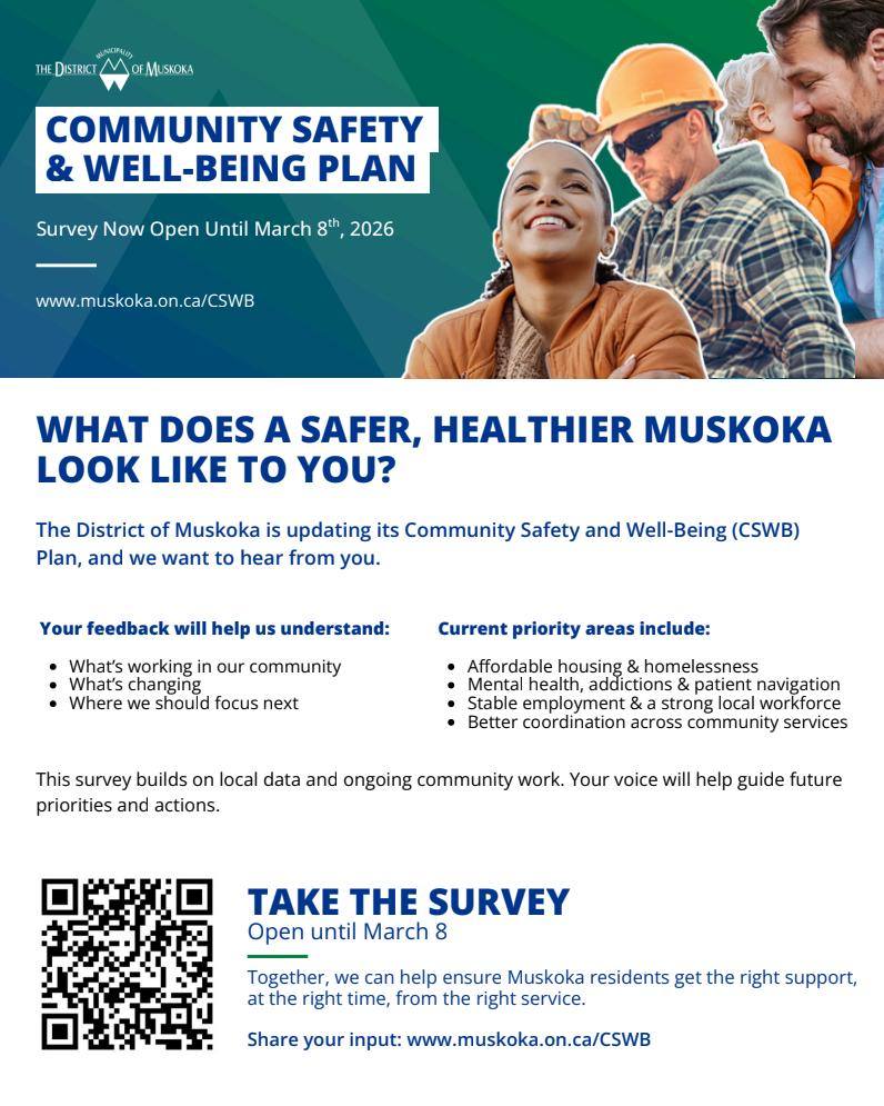Have ideas about what would make our community a safer, healthier place? Let the District Municipality of Muskoka know!
The District of Muskoka is updating its Community Safety and Well-Being Plan, and they want to hear from residents and community partners. Your feedback will help them understand what’s working in our community, what’s changing, and what needs to be addressed next.
‼️There are sections in the survey where you can provide a non-prompted answer (“Other”) – and this is where you can add specific concerns and issues.
For example, the survey asks how accessible you feel community supports are in Muskoka. Based on what we’ve heard from our clients at MiND-AID, young people are experiencing issues that impact their ability to access mental health services. These include:
• very long wait times
• lack of services in general
• lack of long-term therapy
• lack of free or affordable specialized therapy and assessments
• confusing, uncoordinated, and inflexible service systems
Completing this survey is an opportunity to share your community experience around mental health, housing, homelessness, and more.
💬 The survey is open until March 8 at the link in our bio.
@district_muskoka