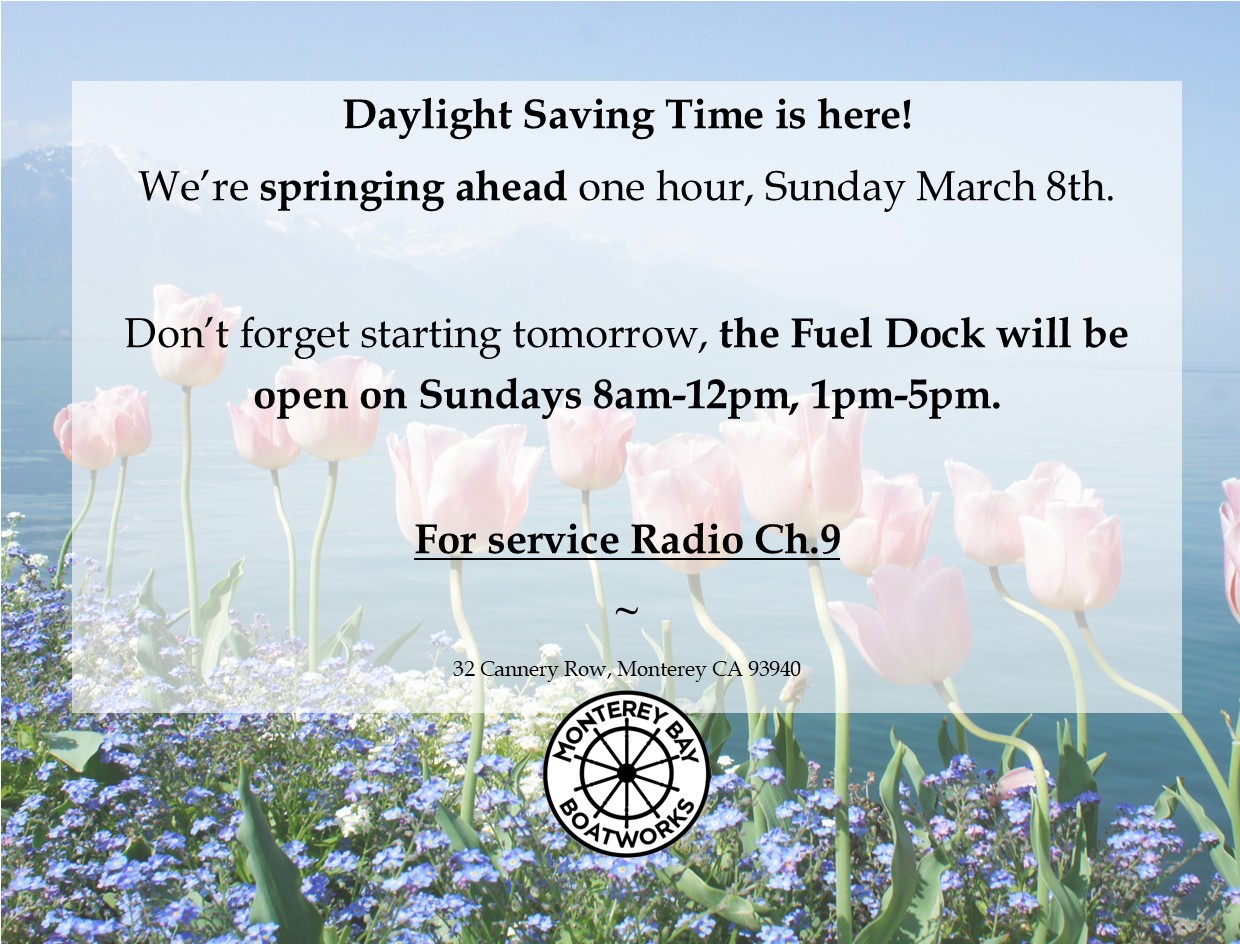 Spring on Over to the Fuel Dock—Your Season Starts Here!
#Breakwater #FuelDock #Monterey #MBBW #CanneryRow #BreakwaterCovemarina #Fueling #Diesel #Gasoline #Sunday #DaylightSaving #SpringAhead #California #Boats #Boating #MontereyBay #Boatworks #MtryBayBoatworks #MtyBayBoatworks