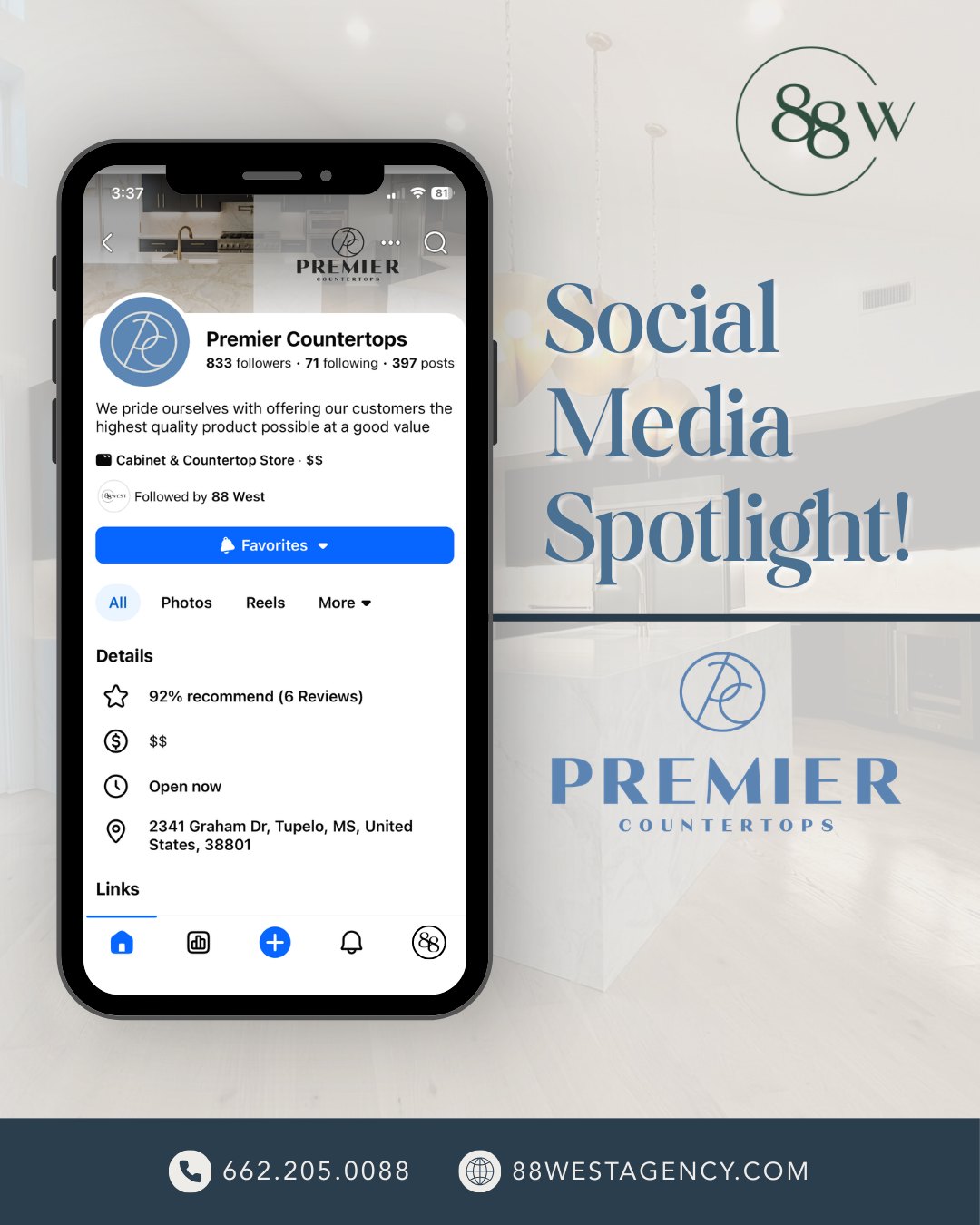 Client Highlight: Premier Countertops ✨
From stunning natural stone to custom solutions for kitchens, bathrooms, and beyond, their work speaks for itself—and we love helping showcase it through strategic, scroll-stopping social media.
📩 Ready to elevate your brand’s online presence? Let’s make it happen.
-
📞 662.205.0088 | 251.202.7180
💻 88westagency.com
-
#88West #88WestAgency #NorthMS #ALGulfCoast #MSGulfCoast #TupeloMS #GulfShoresAL #HuntsvilleAL #MarketingAgency #DigitalMarketing #ClientHighlight #PremierCountertops #SocialMediaMarketing #LuxuryCountertops @premier_countertops