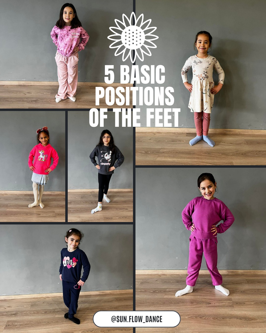 This week we’re learning the 5 Basic Positions of the Feet 👣✨
1️⃣ 1st Position
2️⃣ 2nd Position
3️⃣ 3rd Position
4️⃣ 4th Position
5️⃣ 5th Position
These are the foundation of ballet and so many other dance styles 💃🕺
💡 Remember:
✔️ Knees straight
✔️ Tummy tucked in
✔️ Squeeze your patata 😄🍑
Strong basics = strong dancers 🌟
📍 Kids dance classes every Saturday
📍 Mosta, Malta 🌻
#SunflowDance #KidsDance #BalletBasics #DanceTutorials #DanceForKids