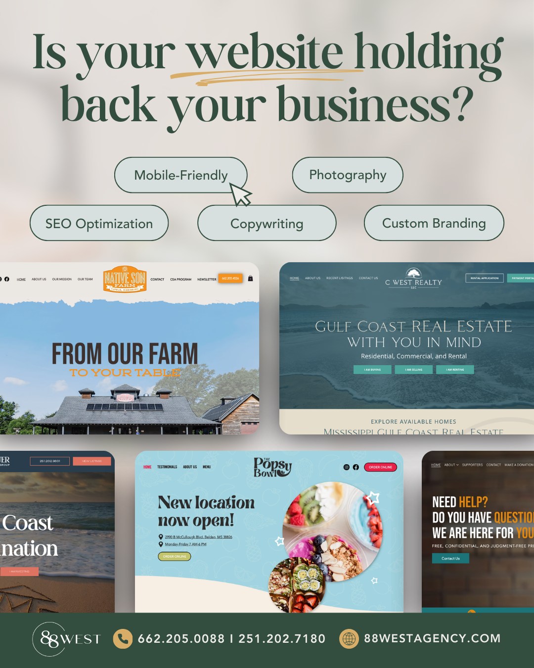 Your website should do more than just exist—it should capture attention, tell your story, and drive results. 💻✨
At 88 West, we design websites that are not only visually striking but built with purpose, so your brand connects, converts, and stands out in all the right ways.
📩 Ready to elevate your online presence? Let’s build something powerful together.
-
📞 662.205.0088 | 251.202.7180
💻 88westagency.com
-
#88West #88WestAgency #NorthMS #ALGulfCoast #MSGulfCoast #TupeloMS #GulfShoresAL #HuntsvilleAL #MarketingAgency #DigitalMarketing #WebsiteDesign #CustomWebsites