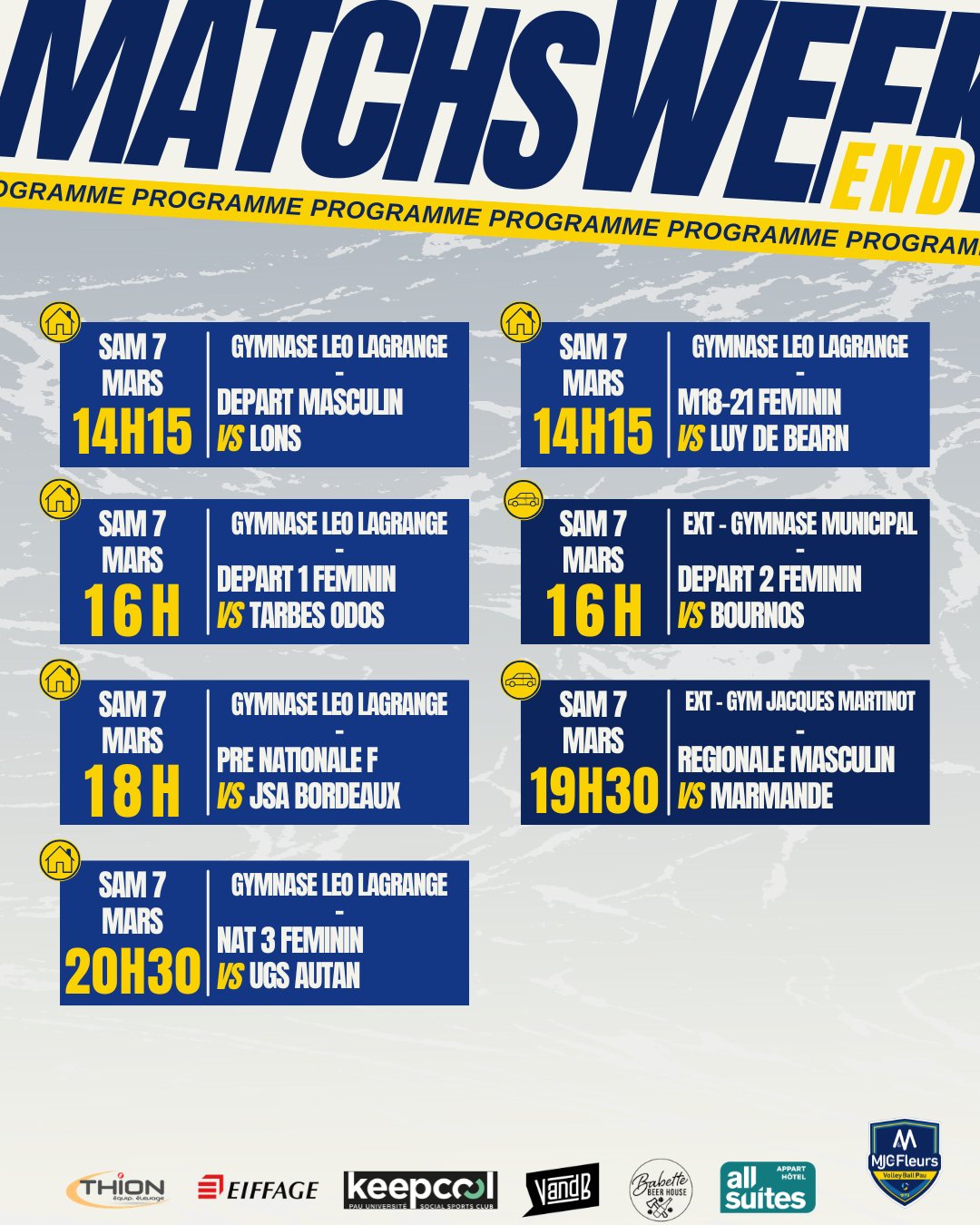 🌸 Programme du week-end 🌸
Samedi, grosse journée à domicile avec 5 matchs d'affilée !
N’hésitez pas à passer dans la deuxième partie de journée pour supporter l'une des équipes présentes !
🔵 Samedi 7 mars, Gymnase Léo Lagrange :
-14h15, Départementale G contre Lons
-14h15, M18-21 F contre Luy de Bearn
-16h, Départementale F contre Tarbes / Odos
-18h, Pre-nationale F contre JSA Bordeaux
-20h30, Nationale 3 F contre Autan
🚗 Samedi 7 mars extérieur ;
-16h, Départementale F 2 à Bournos (gymnase municipal)
-19h30, Régionale G à Marmande (Gymnase Jacques Martinot)
📸 @sowaho0
@ruiztheo
🙌 Partenaires ;
@Thion Equip'Elevage / @keepcoolpau / @vandbpau /
@all_suites / @babettebeerhouse