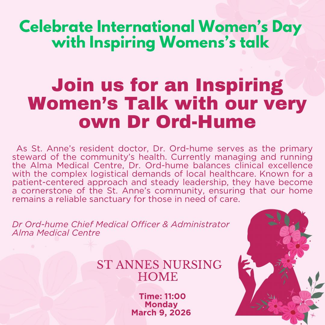 ✨ Celebrate International Women’s Day with us on our first ever inspiring women’s talk with Dr Gail C Ord-Hume.
Dr Gail Ord-Hume has become a cornerstone of St Anne’s community ensuring our home remains a reliable sanctuary of care.
Join us on this special day as Dr Ord-Hume shares her inspiring story of secret to living a healthy life and how to live a life of meaning & purpose.
Monday| 9th | March
Time| 11:00 AM
If you’re attending this event comment “ Yes I am in “